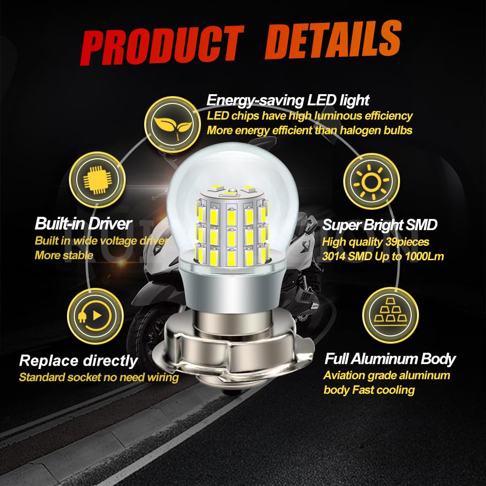 Ruiandsion P26S LED Lampadina Moto Bianco 6000K 3014 LED Chip 39SMD 10-30V per Fendinebbia o Luci Diurne Moto Confezione da 2