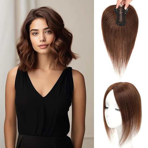 Miniatura 1 de Toppers de cabello humano real para mujer, sin flequillo, extensiones de cabello superior mejoradas, base suiza, piezas de cabello con cabello fino