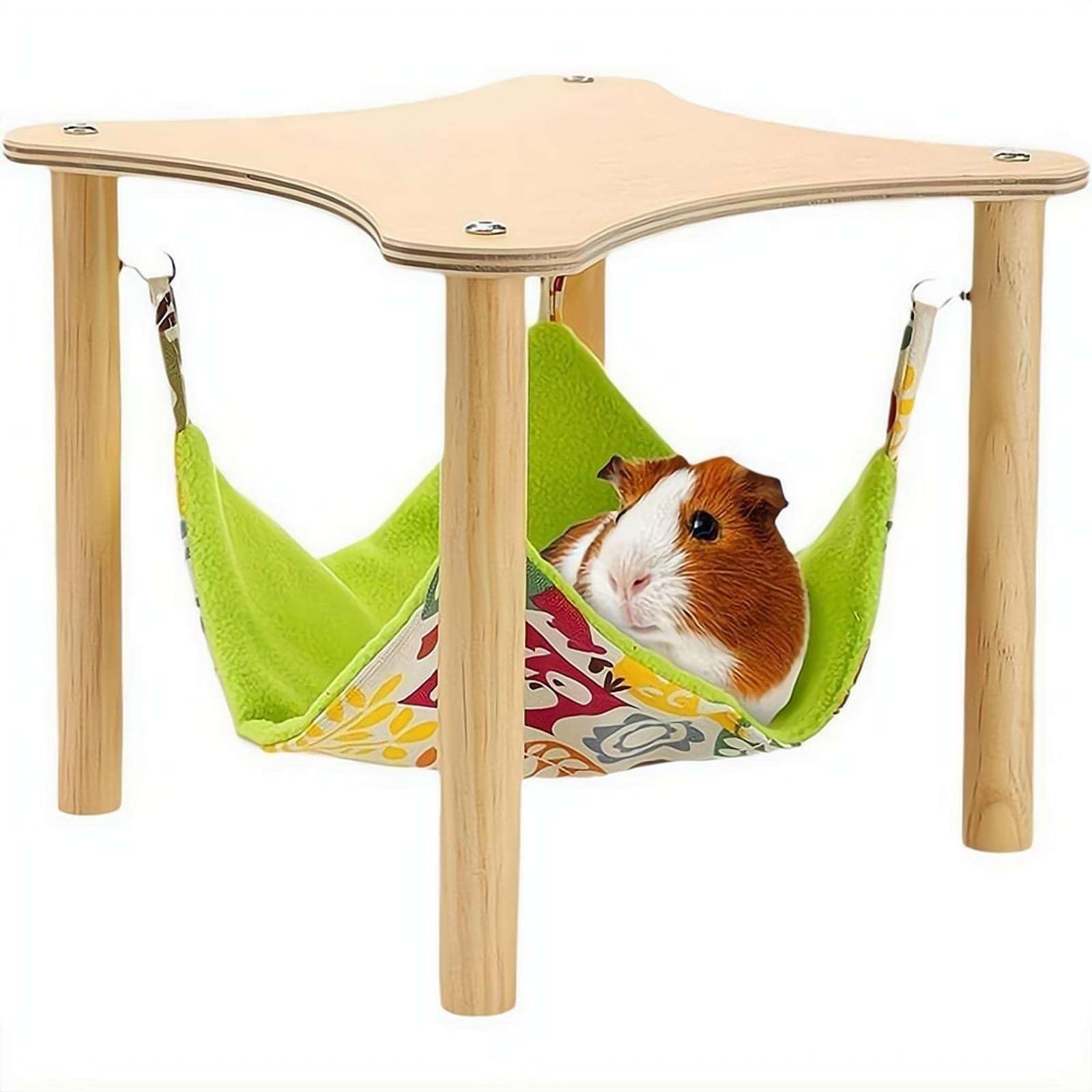 SHUZHENG Guinea Pig Hammock with Natural Wooden Stand,Hanging Hammock Bed,Small Animal Hanging Bed Large Platform for Guinea Pigs Bunny Ferret Hamster Hiding Sleeping