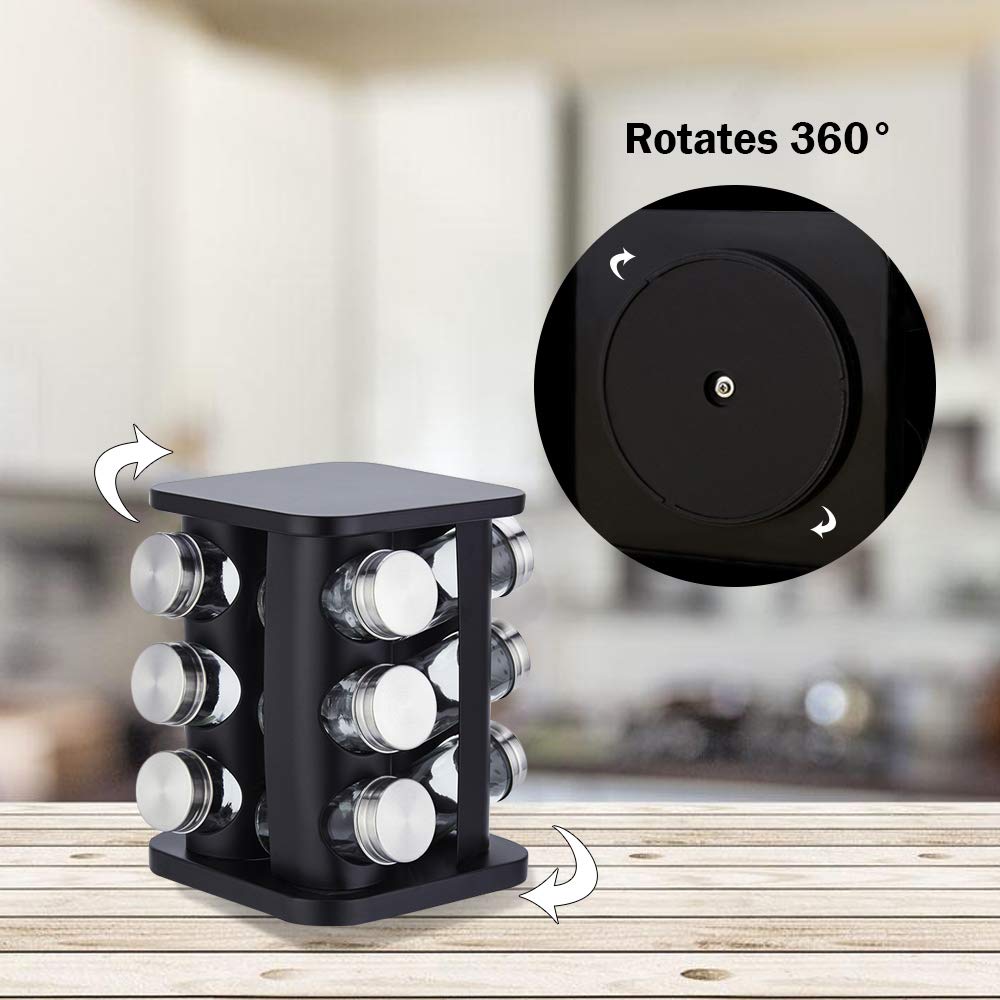 Étagère à épices rotative en acier inoxydable pour 12 pots - Organiseur de comptoir carré - Tour de rangement pour assaisonnements - Pour cuisine - Noir