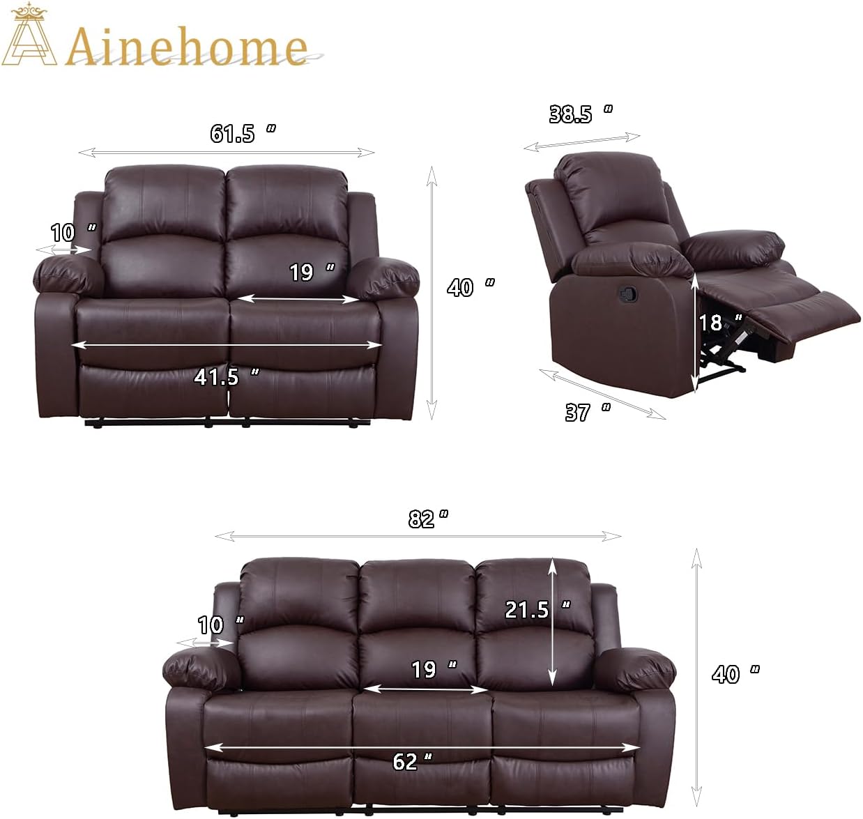 A Ainehome Luxury Recliner Sofa Living Room Set Reclining Sofa and Loveseat Chair Sets Living Room Furniture Sets Recliner Couches for Living Room/Office (A-Brown Leather, 3 Piece Set)