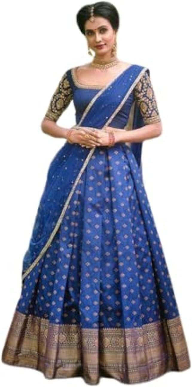 NAVKARMIT Women's Pure Pattu Silk Zari Weaving Lehenga Choli, Unstitched Lehenga Choli, Half Saree.