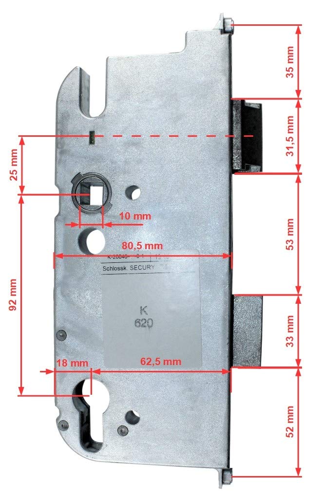 GU Secury Reparatur Schlosskasten Hauptschloss 6-29936-04-0-1 oder auch K-20046-JJ-0-1, Dornmaß: 65mm (62,5mm) / Entfernung: 92mm, incl. SN-TEC® Montagematerial & SN-TEC® Montageanleitung
