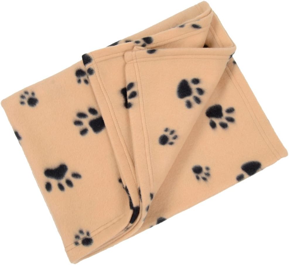 Large Soft Fleece Car Dog Cat Pet Blanket 120 x 150cm - Tan With Black Paw Print