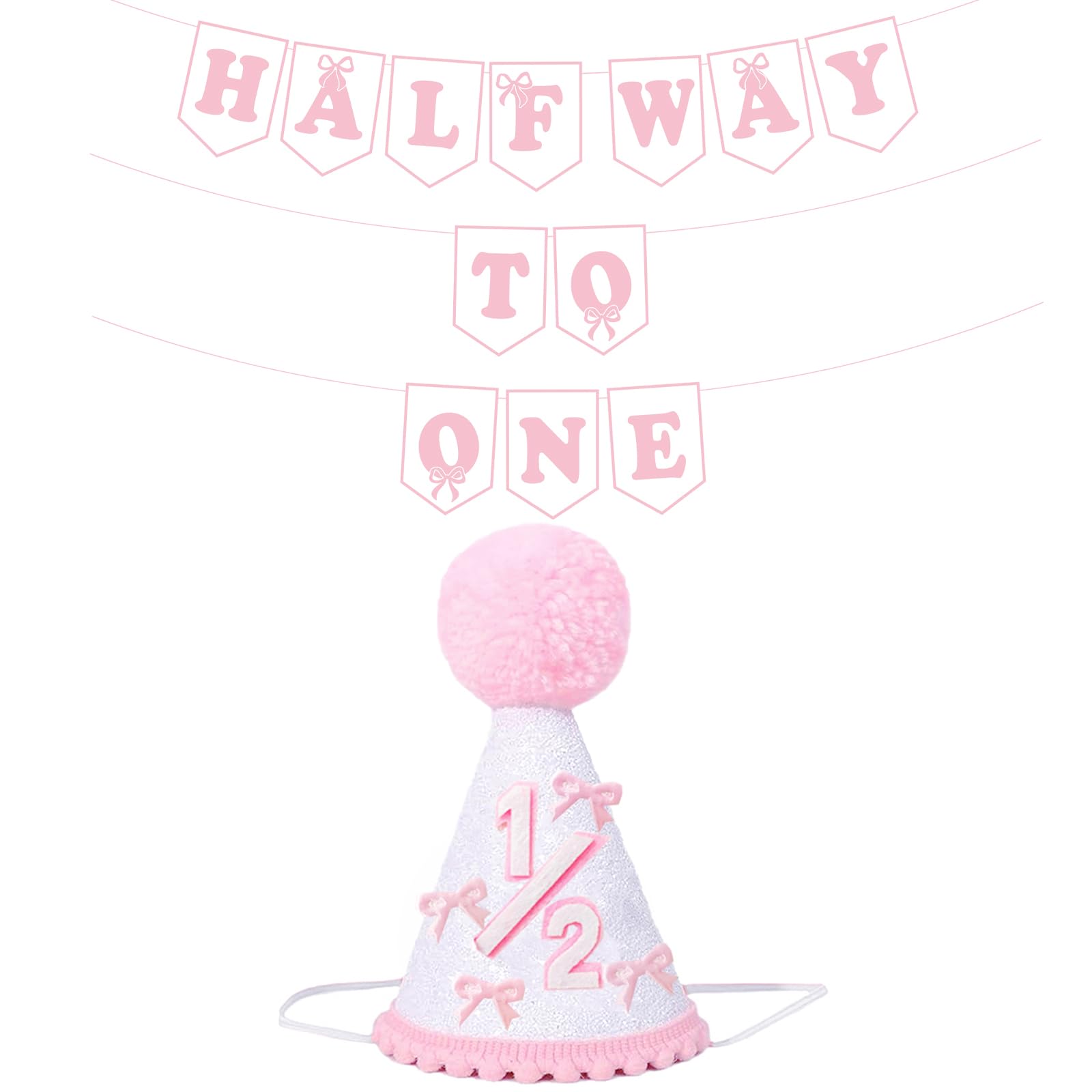 Pink Half Way To One Decorations For Baby Girl, Pink Bow 1/2 Birthday Hat And Pre-strung Half Birthday Banner For 6 Month 1/2 Birth-day Party
