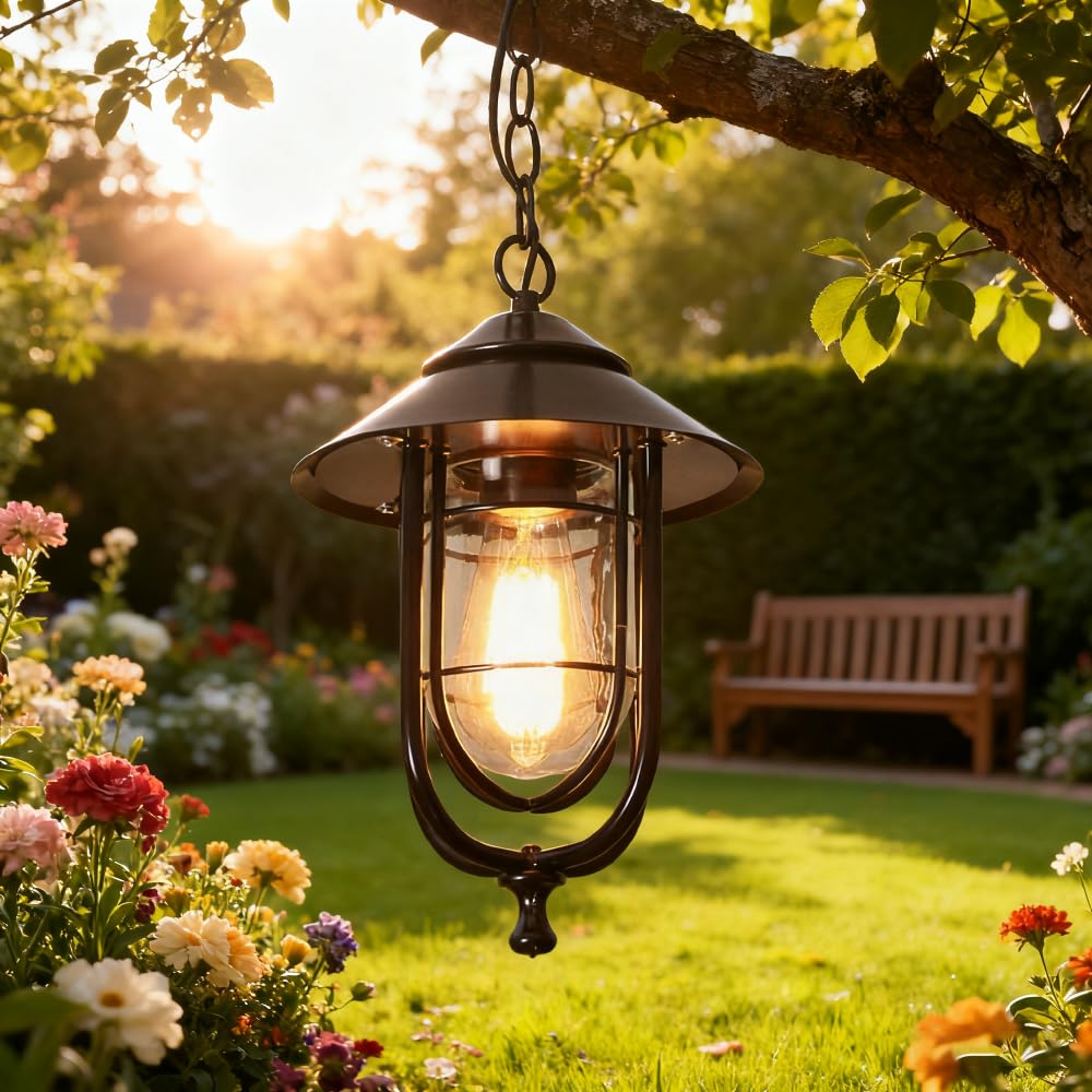LYMSXAZOU Industrial Vintage Outdoor Pendant Light - Retro Iron Glass Hanging Lantern for Patio Garden Deck Waterproof Ceiling Fixture with Edison Bulb (DD-D)