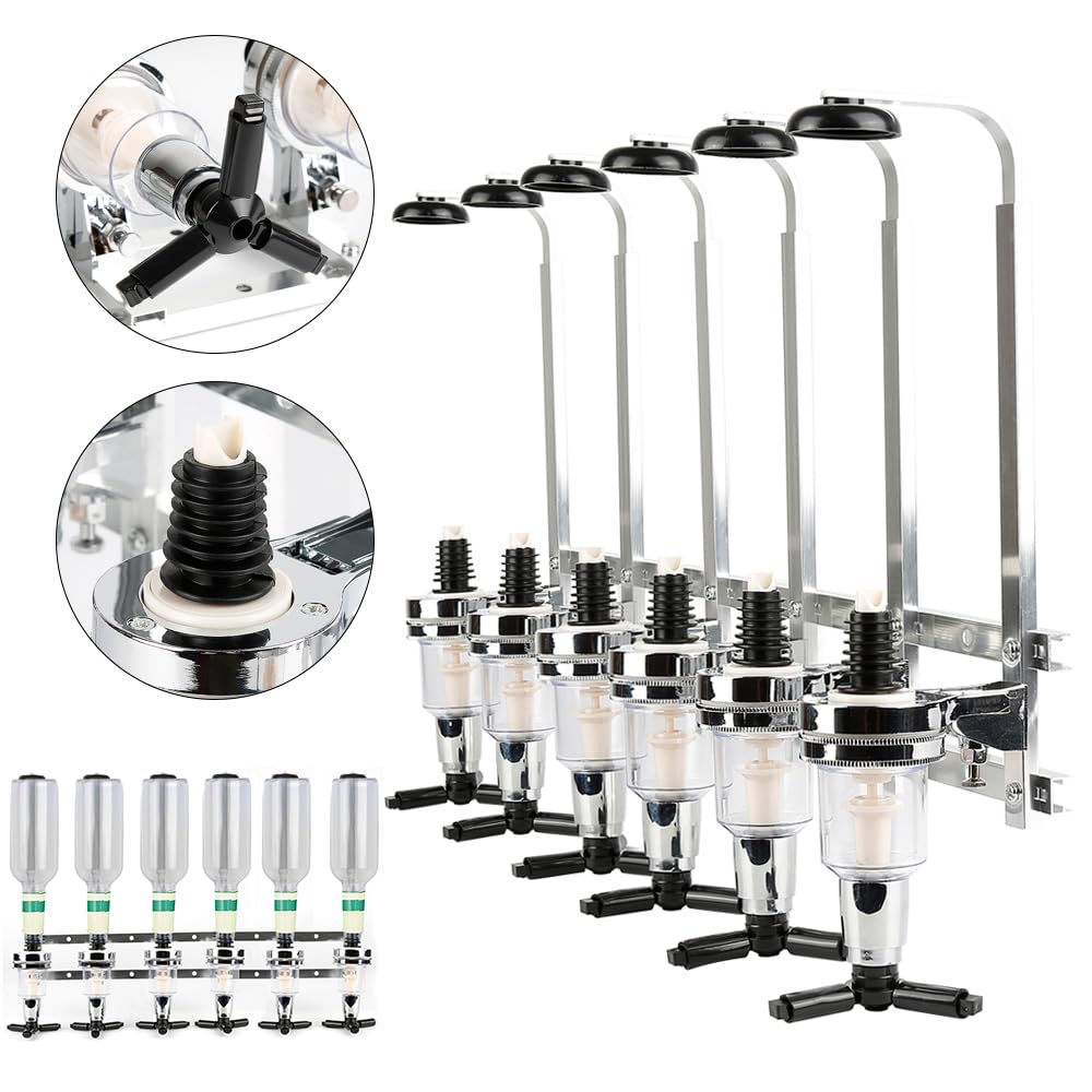 Bar Butler Dosificador Alcohol Mueble Óptico Dispensador de Verdor de Pared 4 o 6 Botella Soporte de Bebida Licor para Bar Hogar y Comerciales, Medidas Dosificación 25-45 ml (6 cabezas – (1,5 oz))
