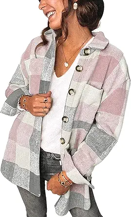 Women's Brushed Plaid Shirts Long Sleeve Flannel Lapel Button Down Cardigan Boyfriend Shacket Jacket Coats