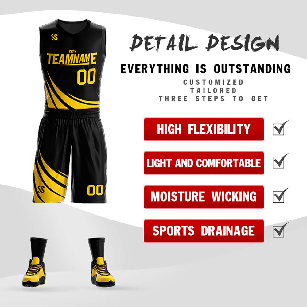 Custom Basketball Outfits Personalized Printed Name and Numbers Breathable Quick-Dry Sports Jersey for Men/Kid Black Yellow23 One Size