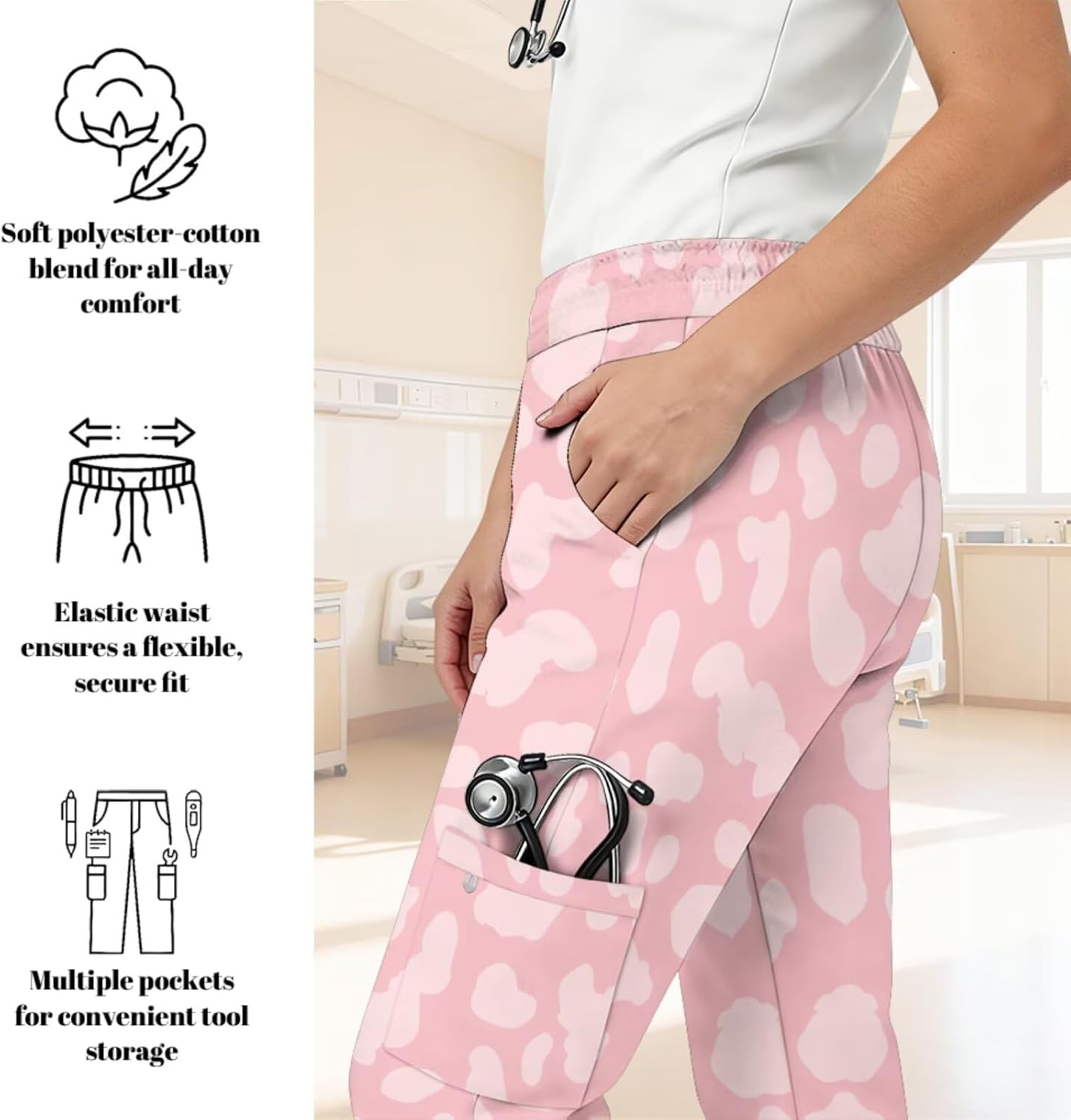 Scrubs Set for Women Printed Stretch V-Neck Scrub Tops with Pants, 6 Pocket Medical Uniform for Nurse Doctor Work