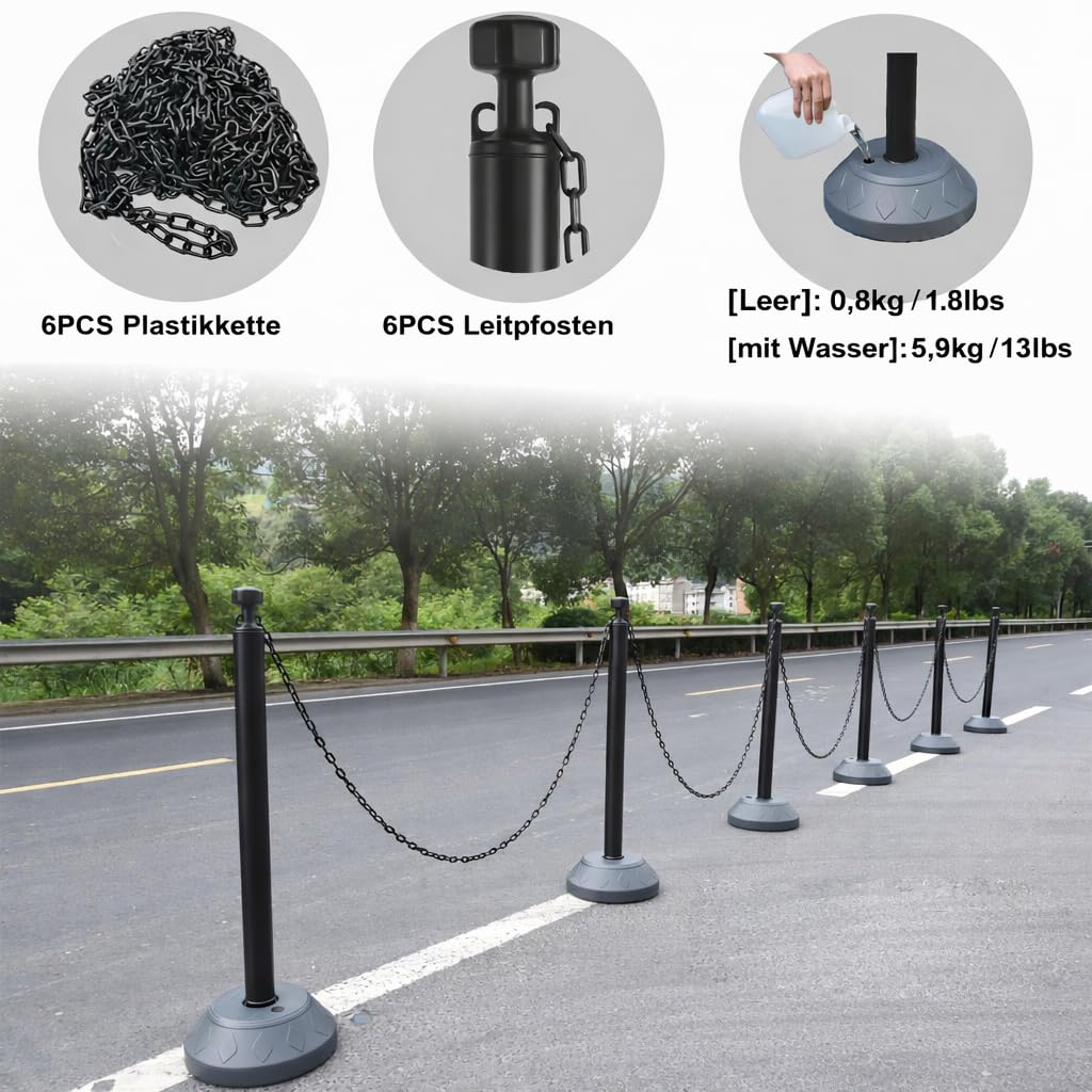 6-teiliges Set 102 cm Absperrpfosten, Verkehrsleitpfosten mit Kunststoffketten und wasserbefüllbarem Sockel für Parkplätze, Warteschlangen- und Menschenmengensteuerung (Schwarz)