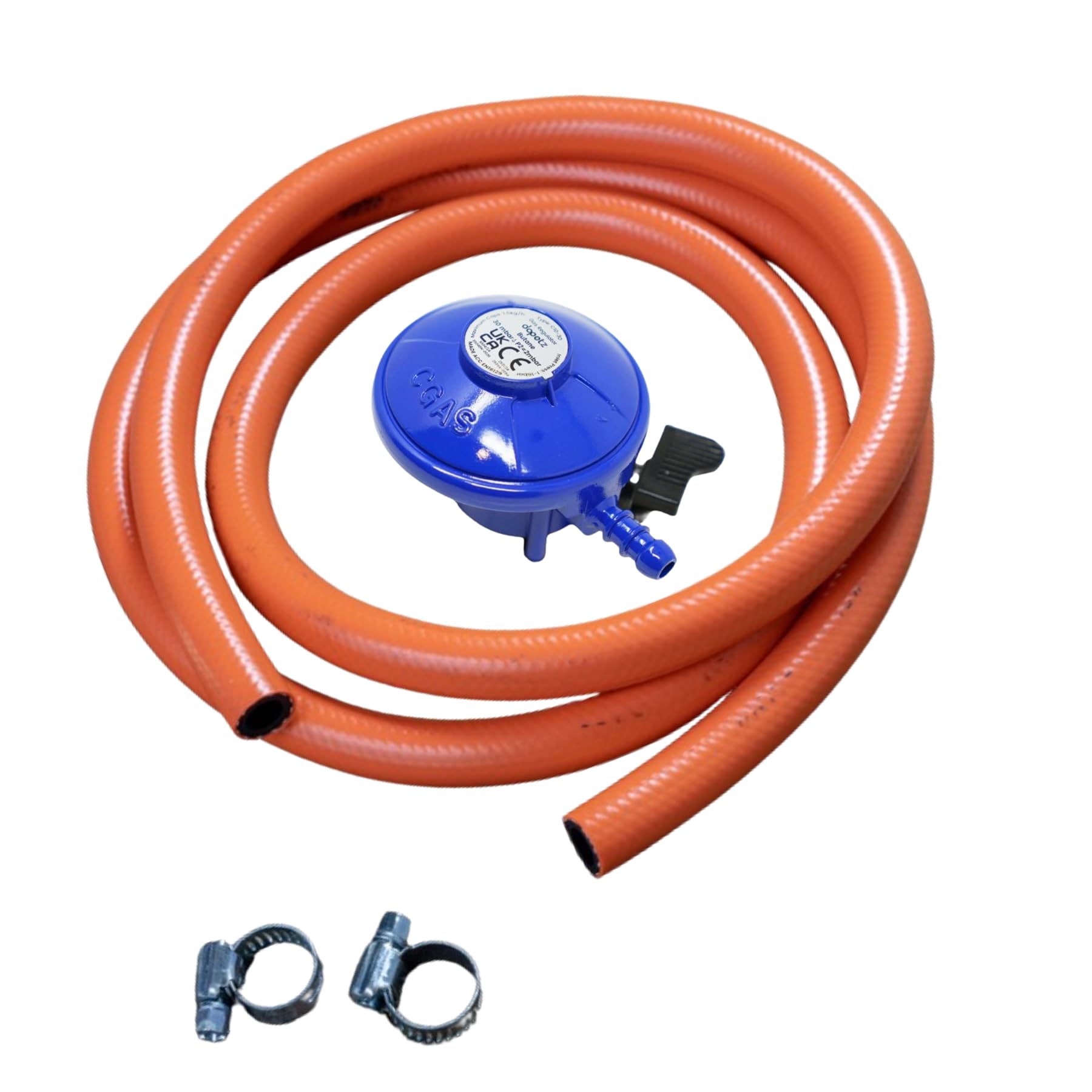 Dapetz ® Butane Gas Regulator 21Mm Clip On With Hose And 2 Clips Kit Fits Calor Flogas 7Kg, 13Kg And 15Kg Gas Bottle 2M