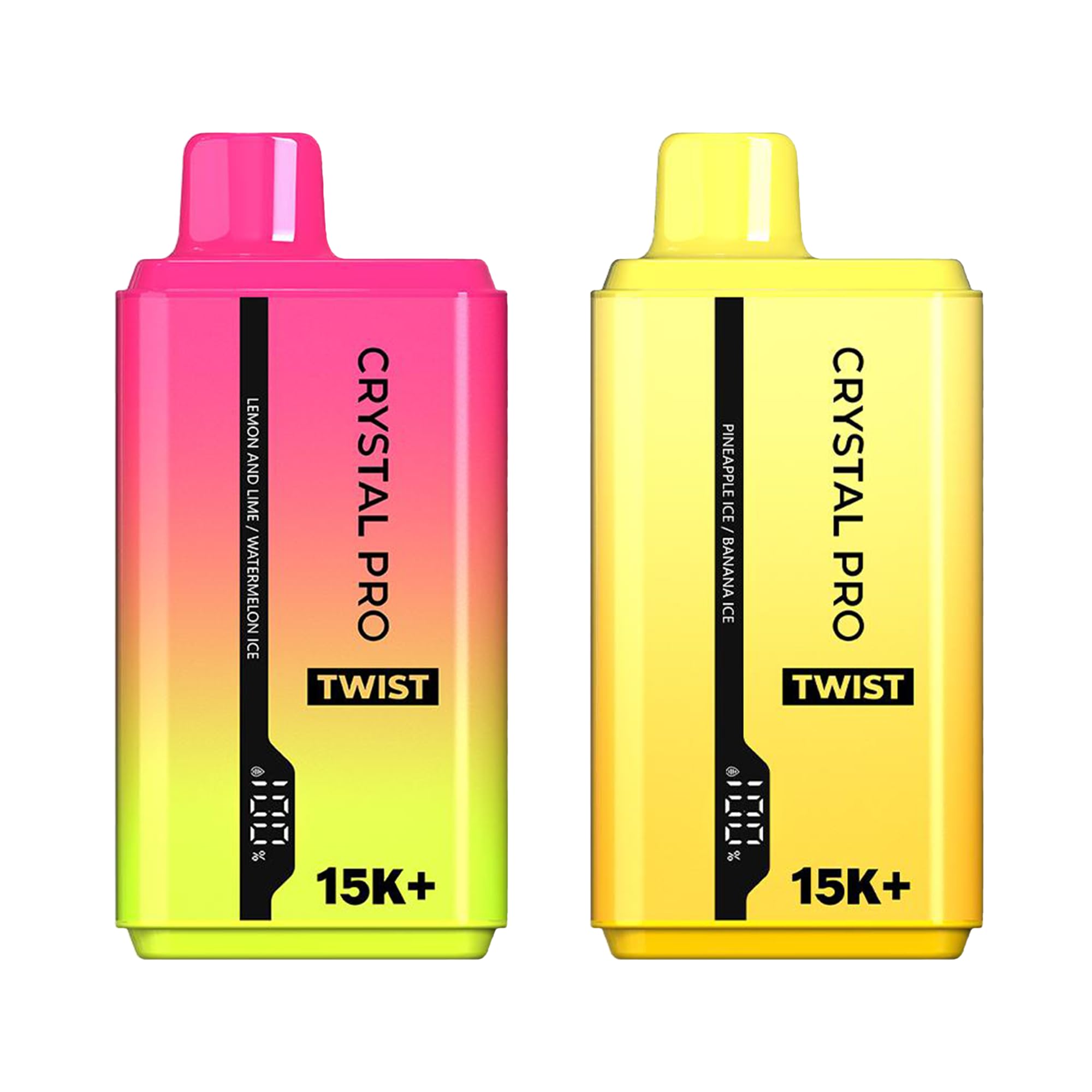 Crystal Pro Twist 15000 puffs, Disposable Vape, 2ml Cartridge, No Nicotine, Mixed Pack of 2, (Lemon And Lime/Watermelon Ice & Pineapple Ice/Banana Ice)