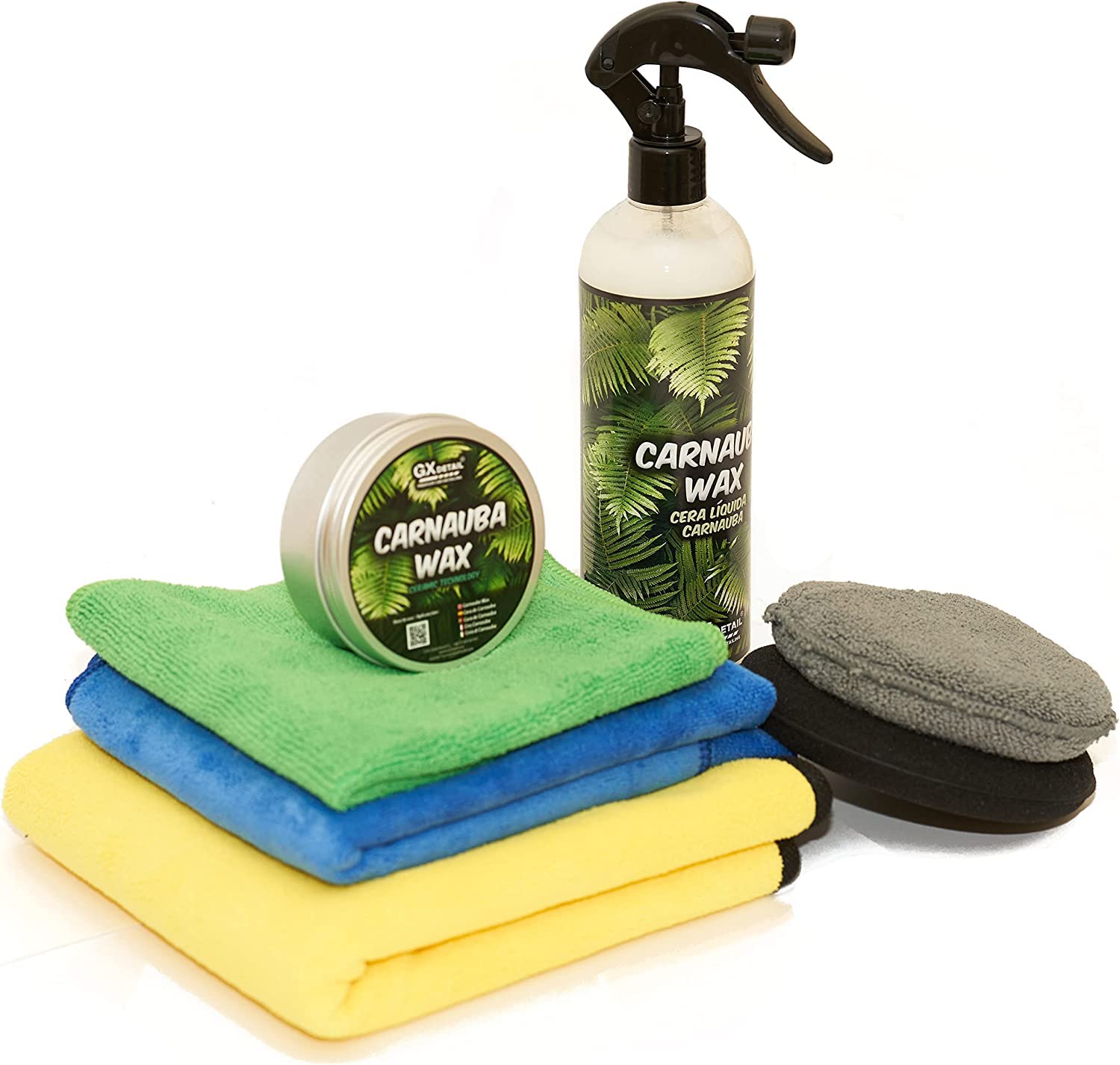 Pack Encerado GxDetail - Kit Cera Carnauba para Coche Gx Detail - Con Accesorios - Cera Líquida y Sólida - WAX Kit