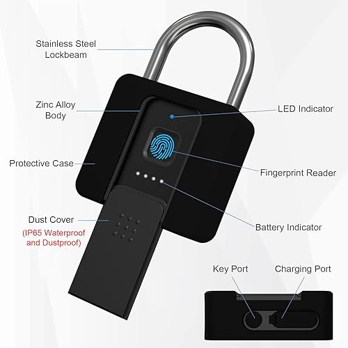 Miniatura 9 de Candado de huellas dactilares, cerradura de combinación resistente, candado con llave, Bluetooth y desbloqueo de huellas dactilares, impermeable con