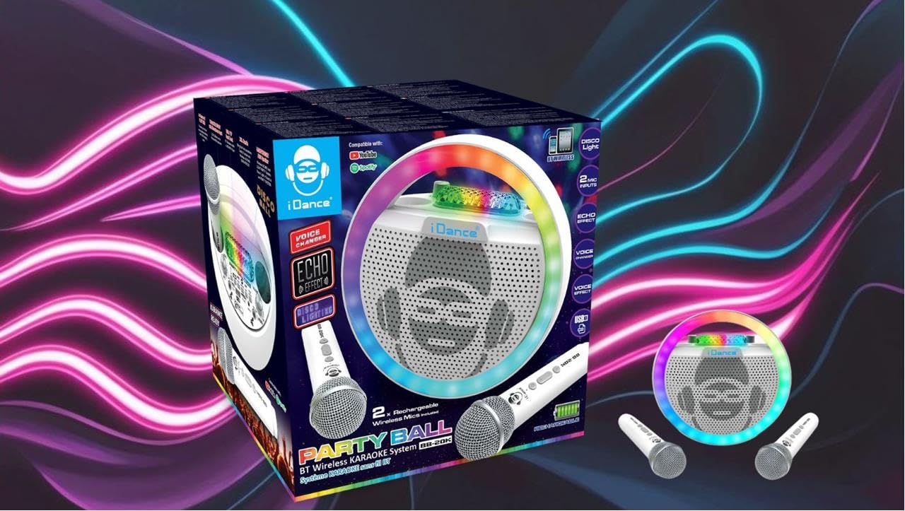 Altavoz Bluetooth con 2 micrófonos - Karaoke portátil - Tamaño 25 cm - Batería Recargable de Larga duración - Luces de Discoteca - Soporte para móvil - Compatible con Youtube y Spotify - para Fiesta