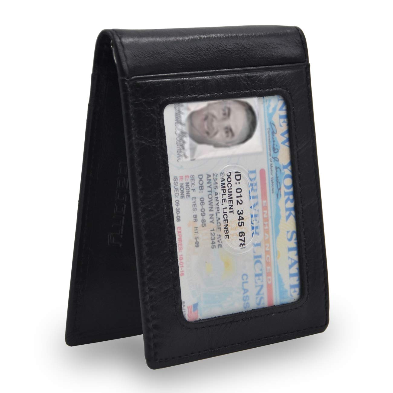 Mens Bifold Leather Wallet Money Clip Slim Front Pocket RFID Credit Card Holder (Black)