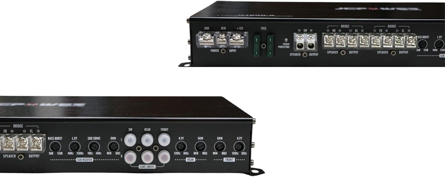 aoriana view of JCPOWER JC1800.5 amplifier showing power, speaker, and input connections