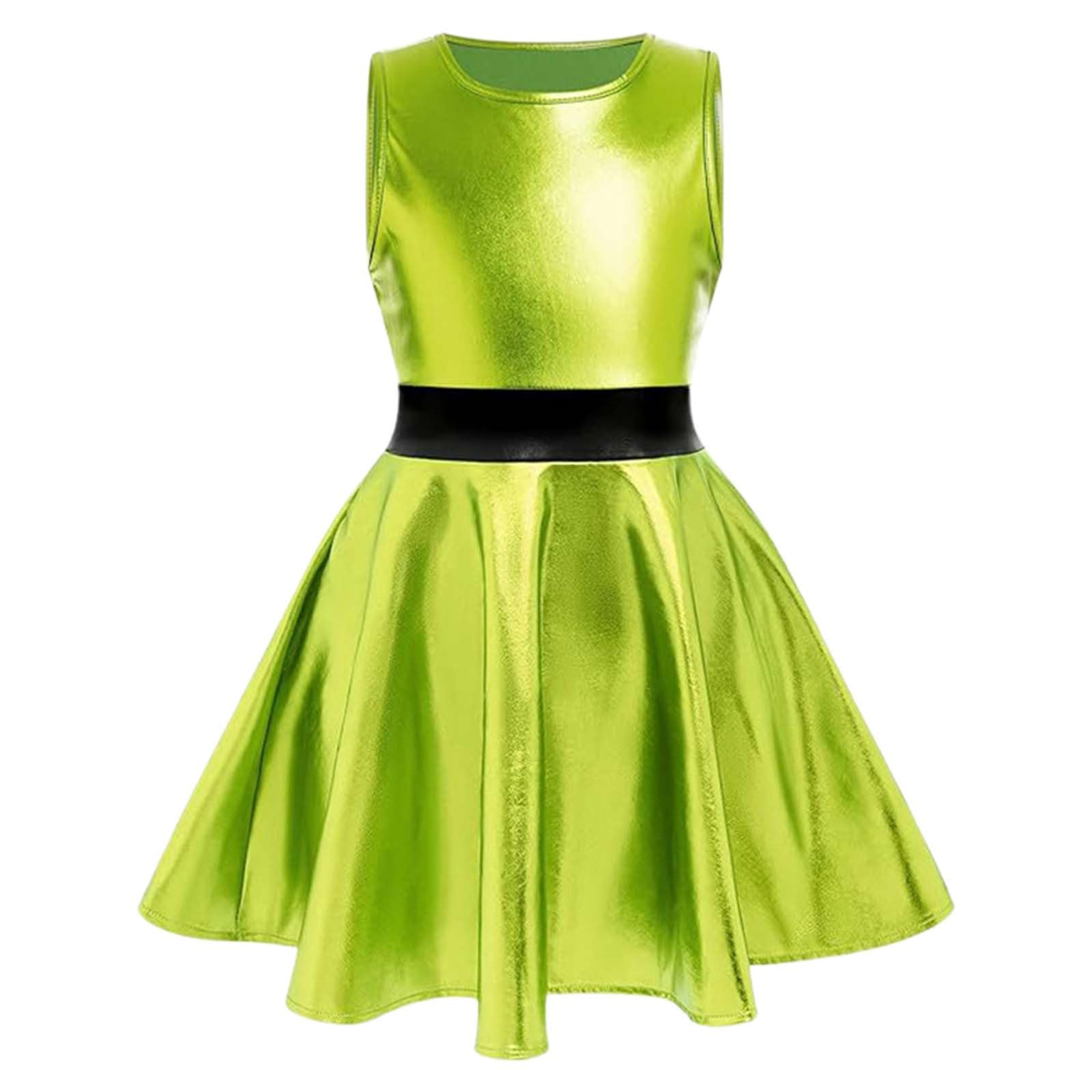 2026 Fancy Dress Costumes Girls Sleeveless for Toddler Dance Performance Shiny Metallic Flare Party (Green, 140)