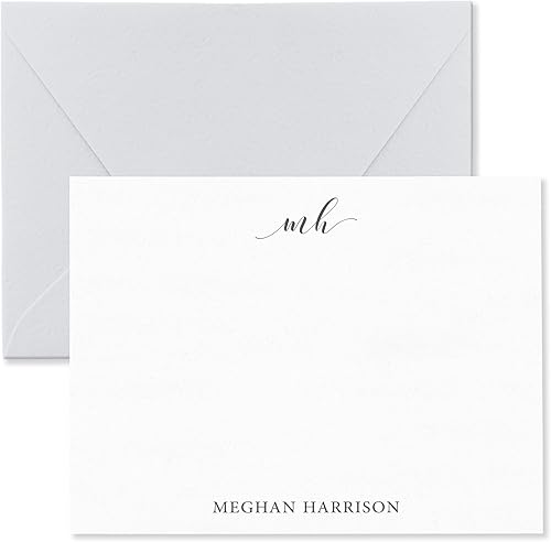 Vista 9 de Tarjetas de notas personalizadas y sobres estacionarios con monograma de nombre, juego personalizado de papelería de tarjetas planas en elección