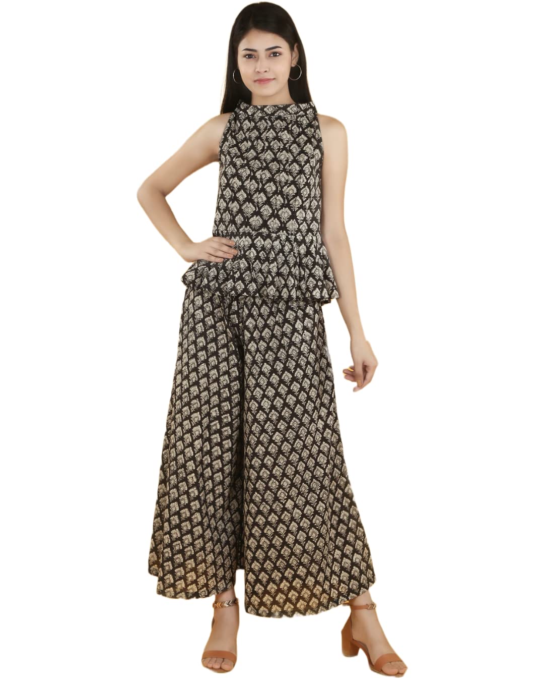 gauraiya Gouraiya Women Pure Cotton Co-ord Set |Bagru Handblock printed Halter Peplum Top & Circular Palazzo Coordinate Set|Summer Dress |Daily & Casual Wear-picture-42