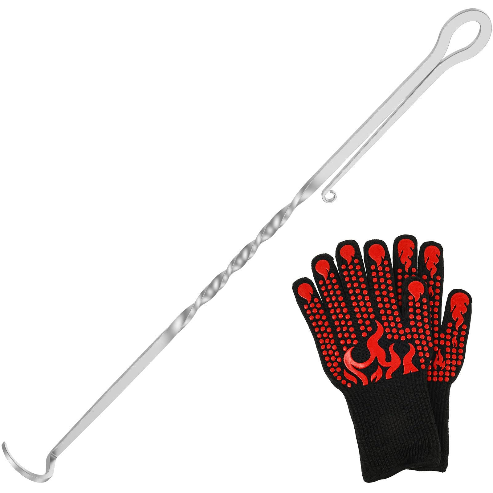 BBQ Meat Hook Flipper with Glove, Stainless Steel Pigtail Food Flipper, Pig Tail Meat Flippers, Heat Resistant BBQ Meat Hook, Heavy Duty BBQ Food Turner, Flipping Vegetables and Meat Great Tool