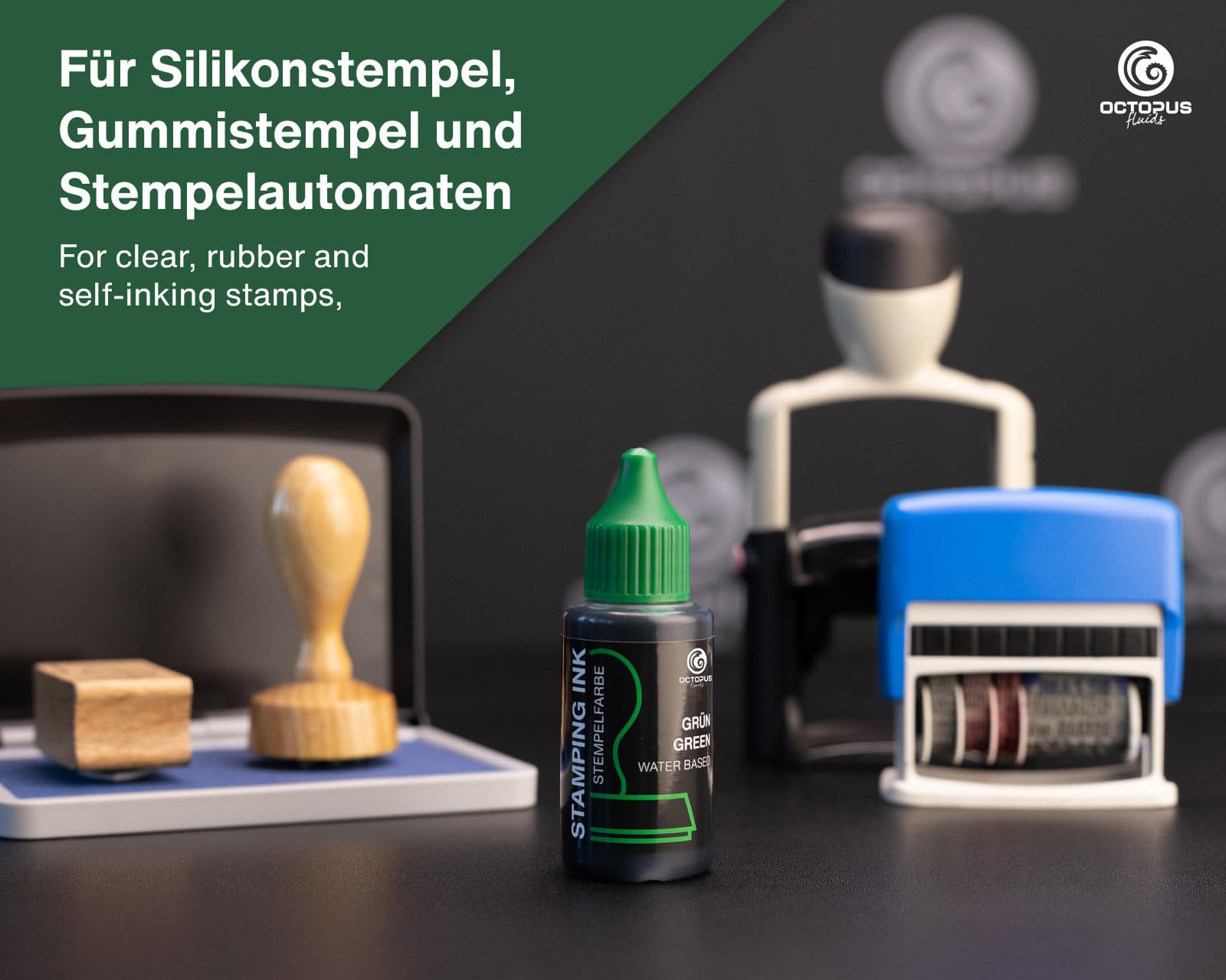 Octopus Tusz do stemplowania płynów, tusz do wielokrotnego napełniania do wkładów atramentowych i automatycznych maszyn do stemplowania, tusz do stemplowania 1000 ml, zielony bez oleju