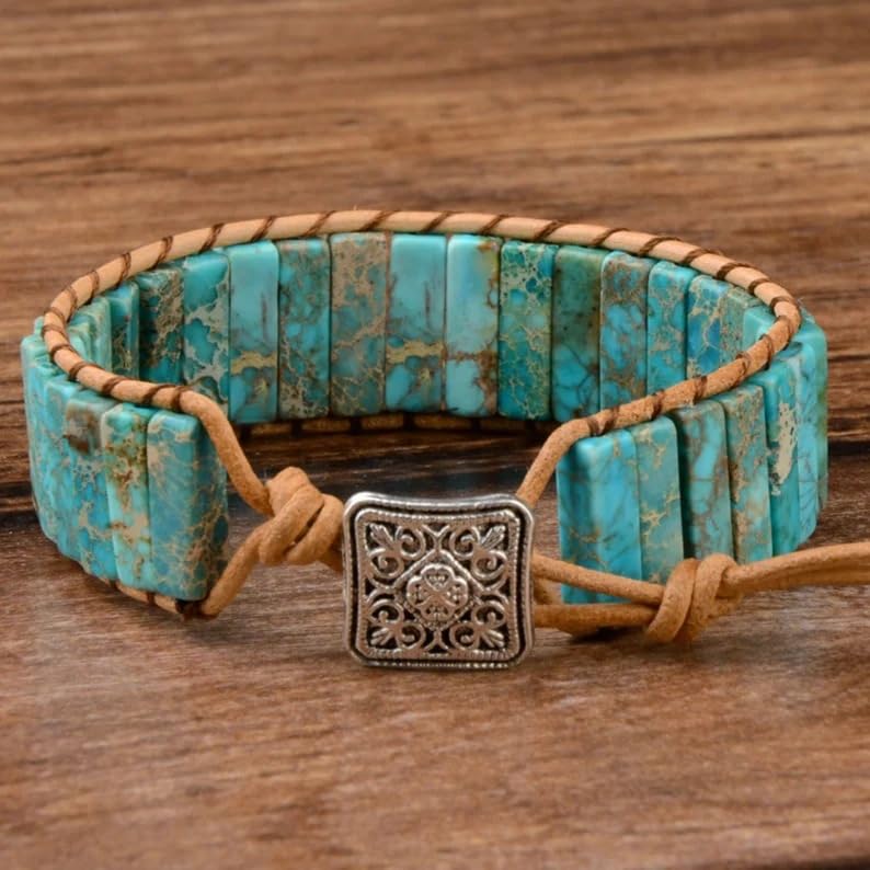 Image of 7 Chakra Bracelet Bohemian Handmade Leather Wrap Healing Protection Natural Stone Yoga Beaded Bracelets Boho Friendship Jewelry (Blue Turquoise)
