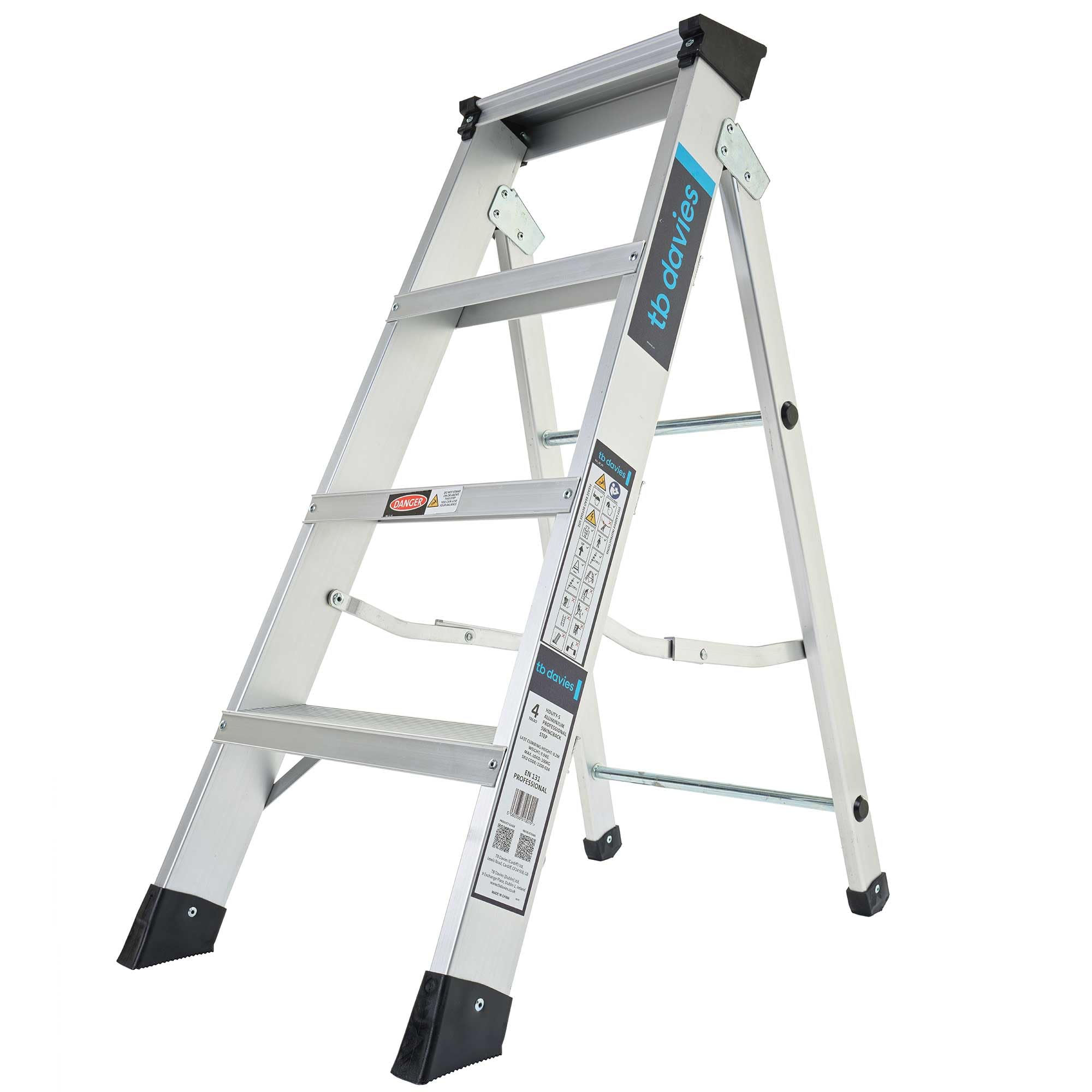TB Davies 1200-024 Heavy-Duty Swingback Step Ladder, 4 Tread, Aluminium, 150kg Work Load, EN131 Professional