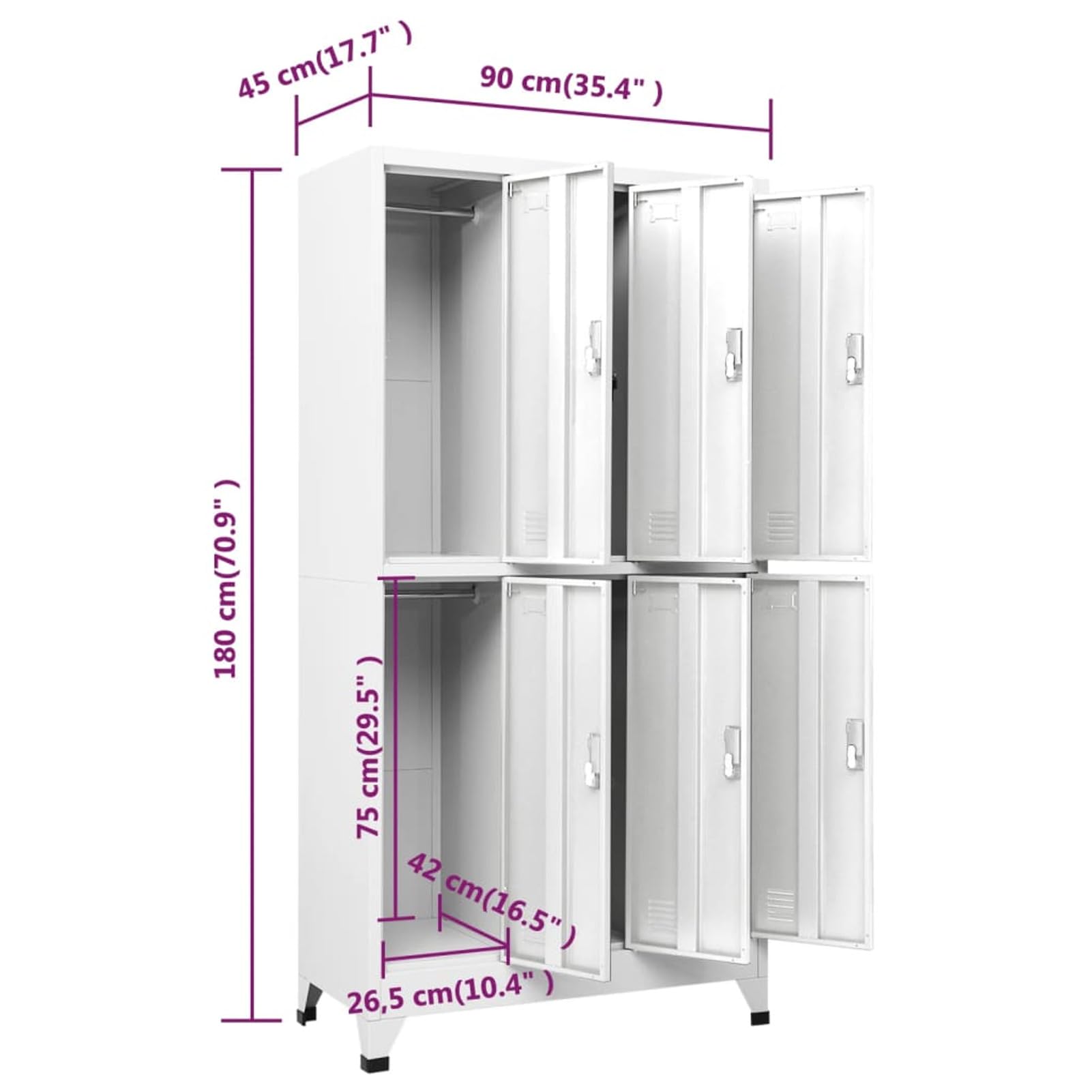 Armadio con 6 Armadietti in Acciaio, Armadietto per Spogliatoio Metallo, Armadietto a Chiave con 6 Scomparti, Schedario da Ufficio, Grigio 90x45x180 cm