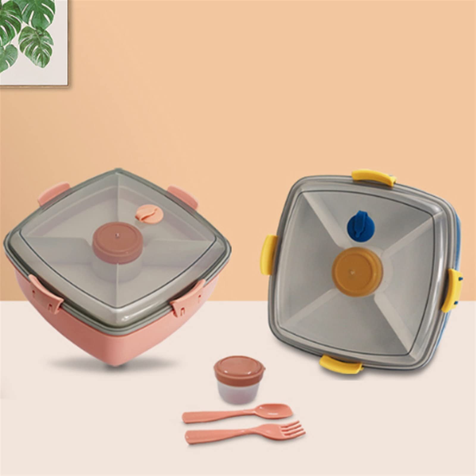 Brotdose， Doppeldecker-Lunchbox, Salatbox, Bento-Picknick, 4 Gitter, Salatdressing-Behälter, Lunchbox-Set, Stude(Blu)