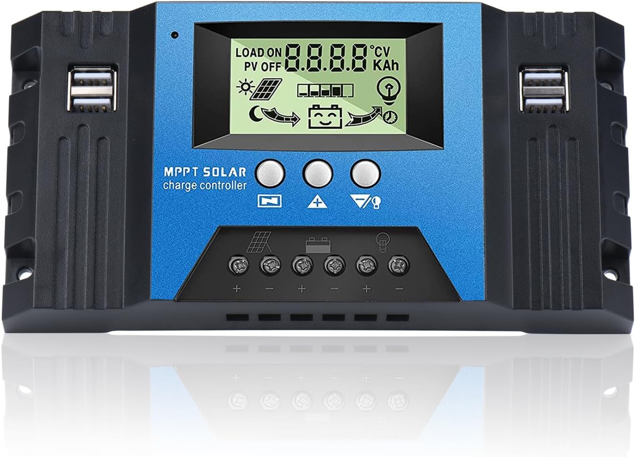 30A Solar Laderegler 12V 24V, 30A Solarladeregler mit Temperatursensor, 4 USB Ports, Solarladeregler für 12V/24V Blei Säure Batterie und Lithium-Batterien