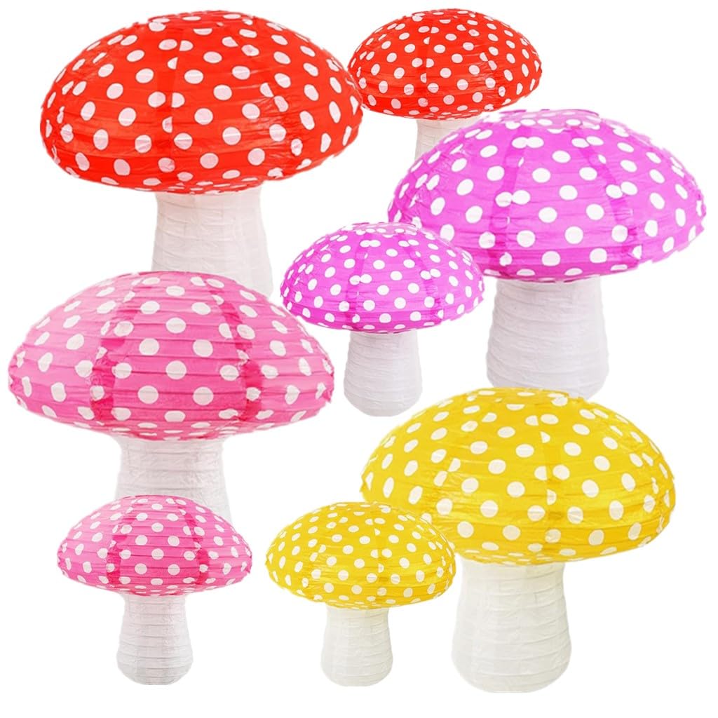 Folding Mushroom Paper Lantern Reusable Hanging Ornament Lamp Cover for Forest Garden Wonderland Theme Birthday Party Decoration Supplies (8 and 12 inches;8pcs)
