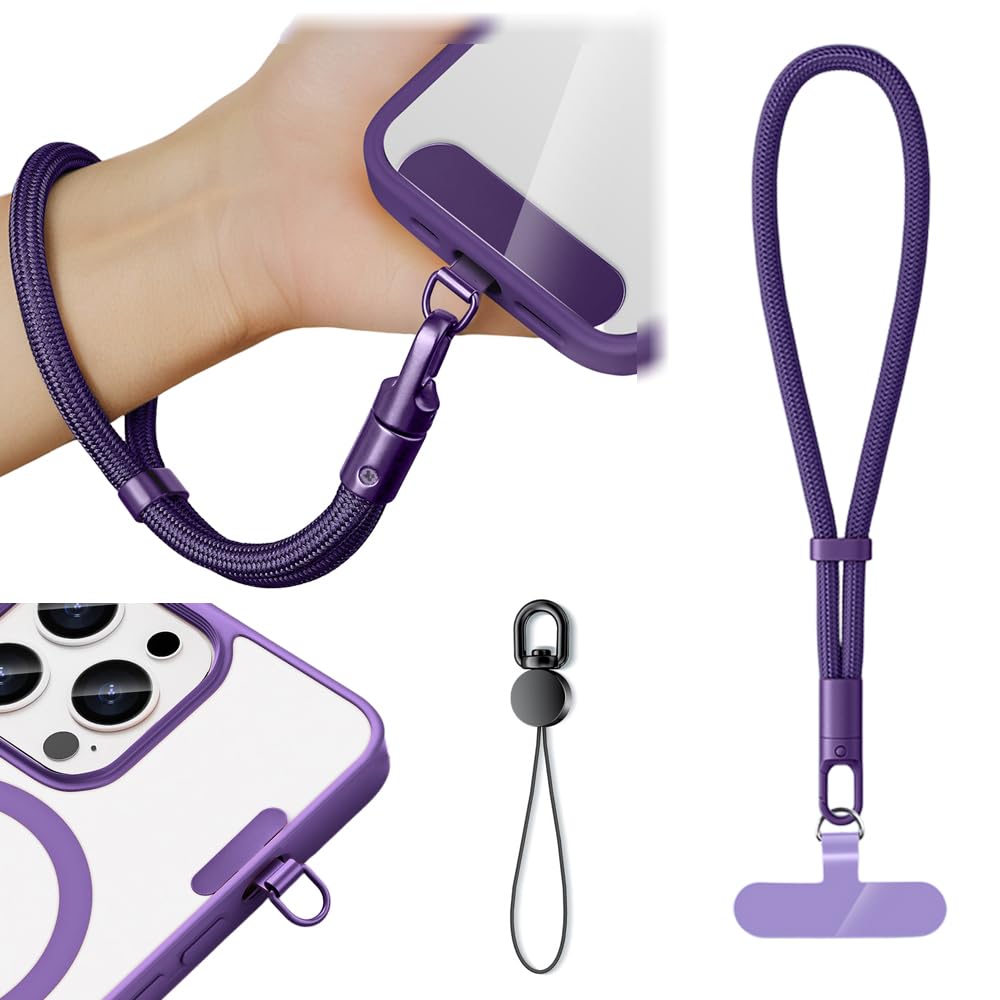 [Jazolmky] 2025年革新版 3in1 スマホストラップ スマホストラップ 手首 ハンドストラップ 携帯ストラップ 長さ32cm調整可能 幅7mm 落下防止 紛失防止 ストラップホルダー リストストラップ 充電影響なし 全機種対応 ミニロープ ストラップホルダー付き (ダークパープル)