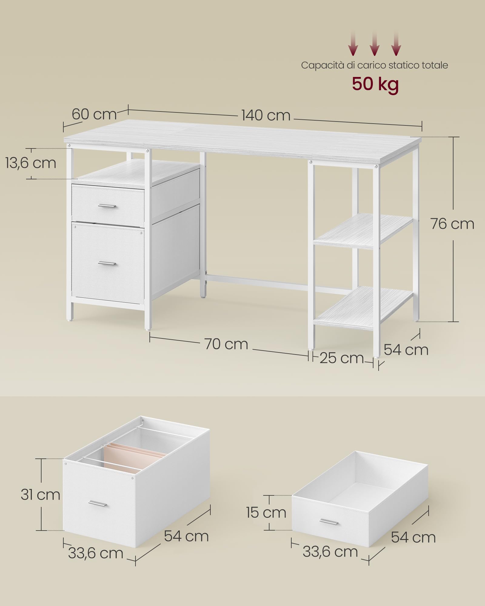 VASAGLE Scrivania per Computer, Tavolo da Ufficio, Scrivania con 3 Ripiani, 2 Cassetti, 140 x 60 x 76 cm, per Ufficio, Soggiorno, Stile Moderno, Bianco Acero e Bianco Nuvola LWD104WF01