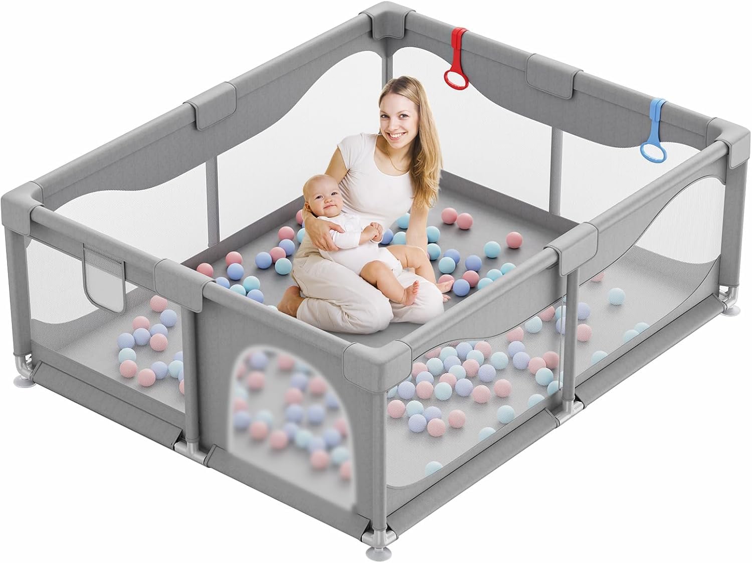 Baby Playpen, 130X130cm Playpen for Baby and Toddlers with Suction Cups, Anti-Fall Fence Kids Activity Center with Breathable Mesh, Ideal for Indoor & Outdoor, Grey
