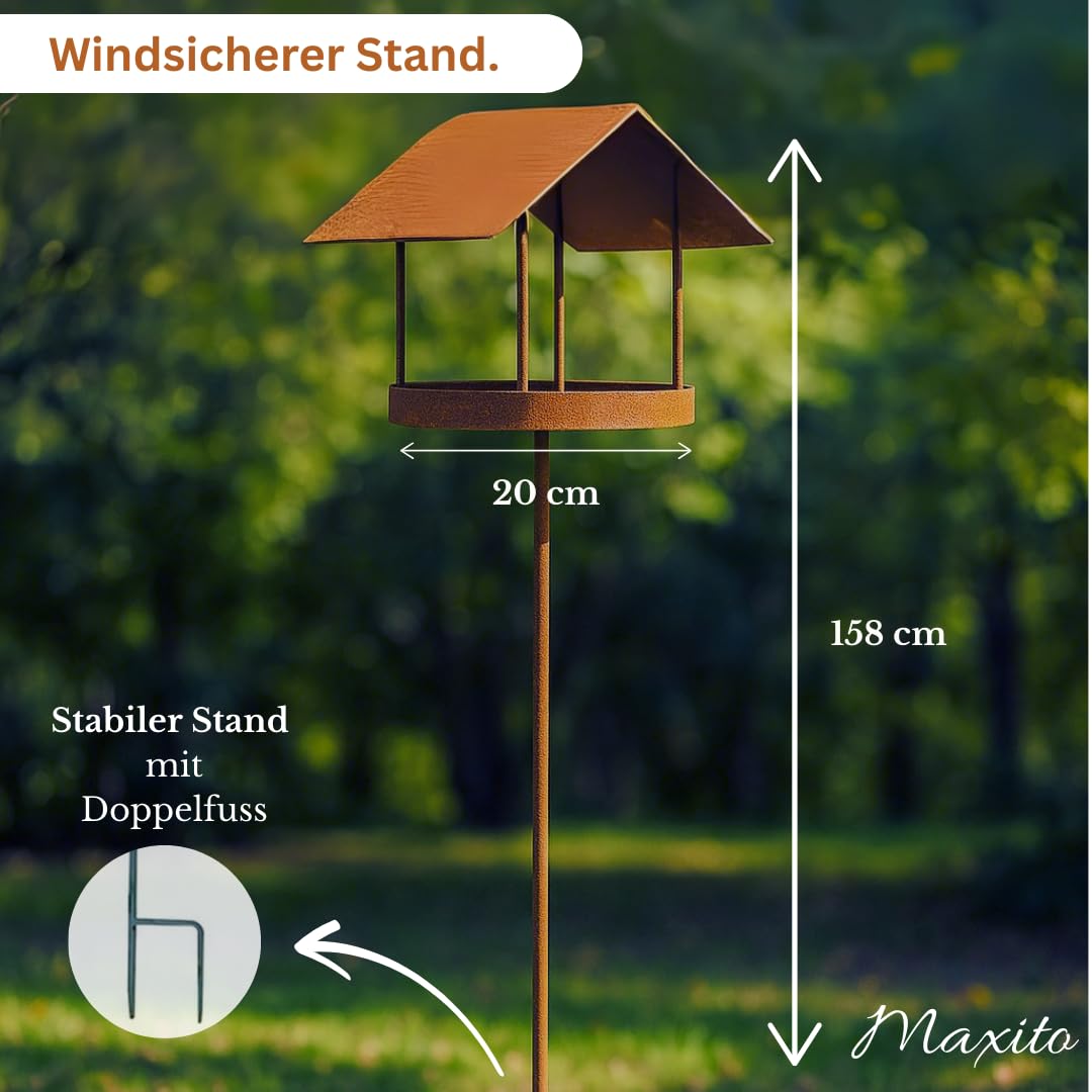 Maxito Vogelhaus mit Ständer wetterfest aus Metall und stabilem Stand 154 cm hoch als Gartendeko rost im Garten I Vogelhaus I Vogelfutterhaus I Gartendeko für draußen I Vogelhäuschen I Terrasse