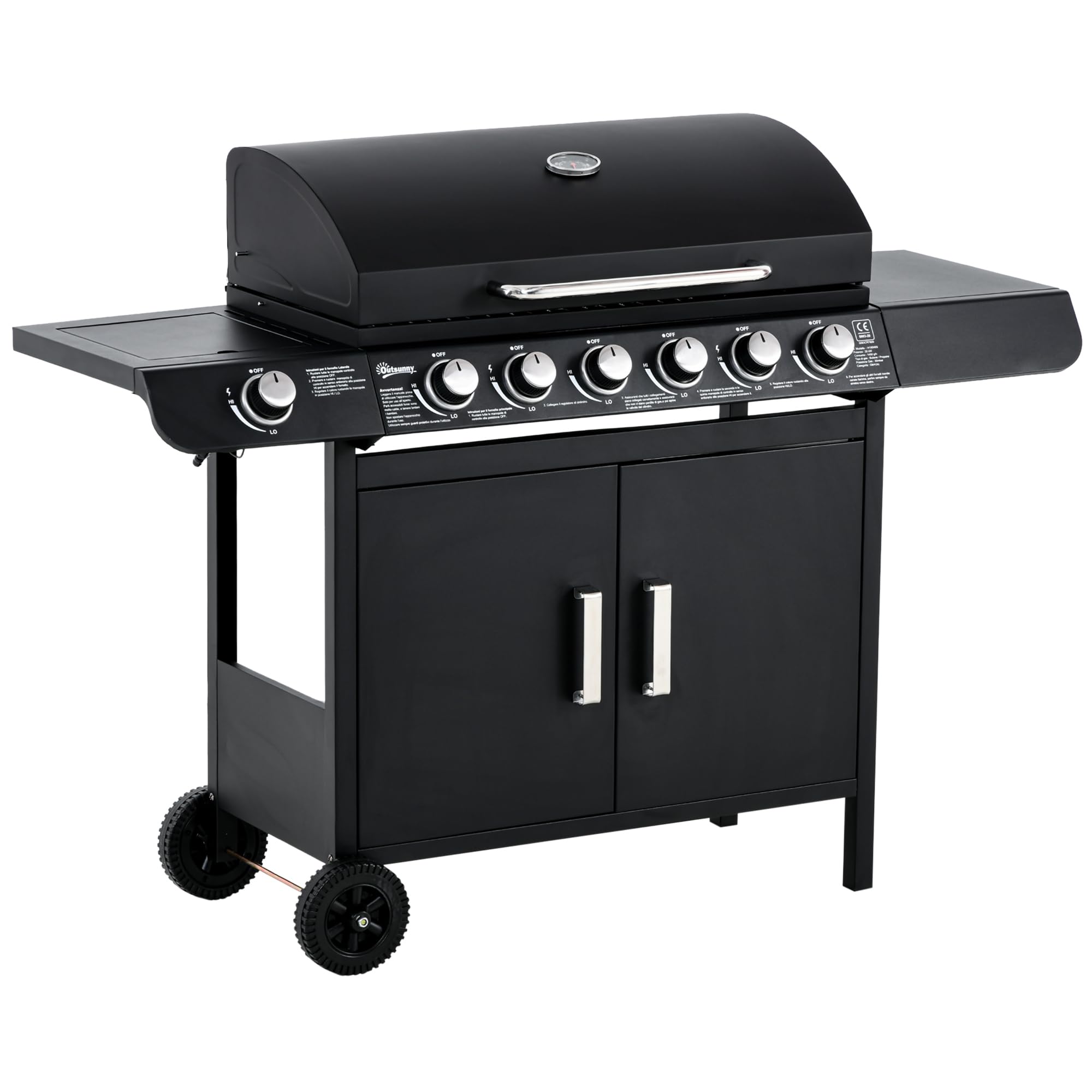 Outsunny 6+1 Burner Gas BBQ Grill - Black