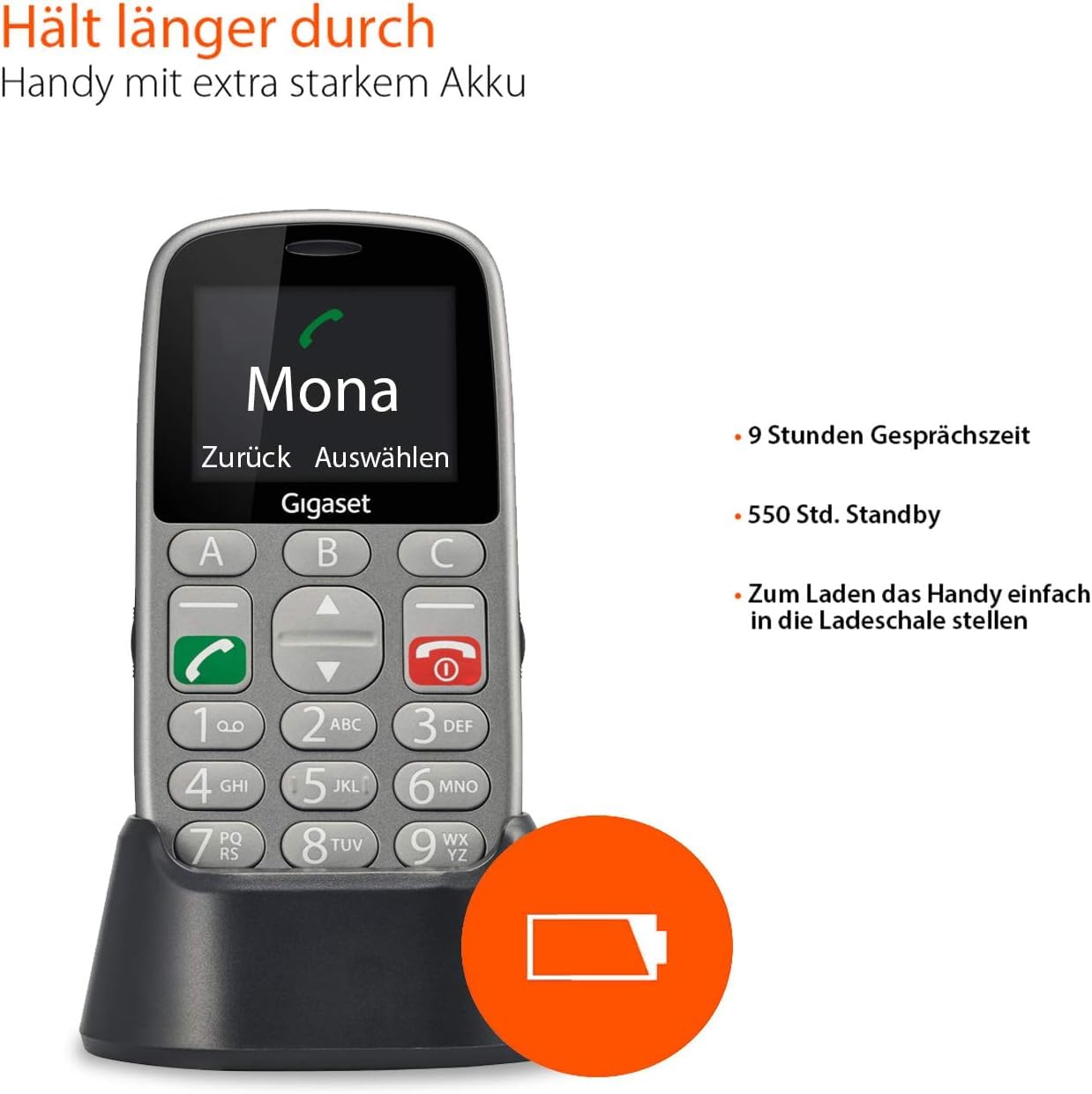 Gigaset GL390 GSM - Senioren Handy mit SOS-Notruf-Taste - großem 2,2 Zoll Farbdisplay - einfache Bedienung mit extra großen Einzeltasten - kompaktes Mobiltelefon ohne Vertrag, titan-silber