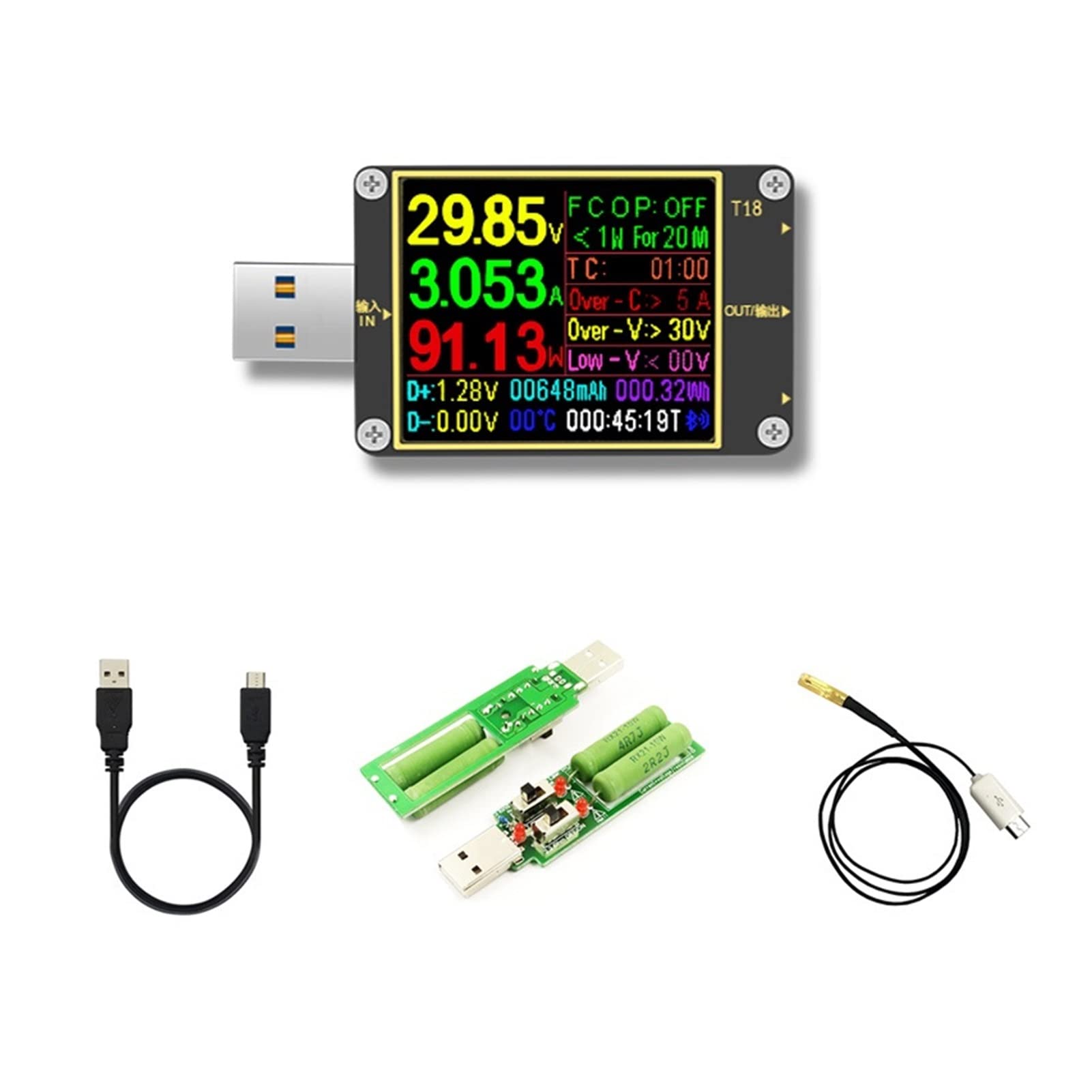 18. In 1 USB. Tester T18 Digital-Voltmeter-Amperometer Voltimetro DC Leistungsspannungszähler Strom Spannungsarzt 1,8" PD QC3.0. Detektor(Add load cable)