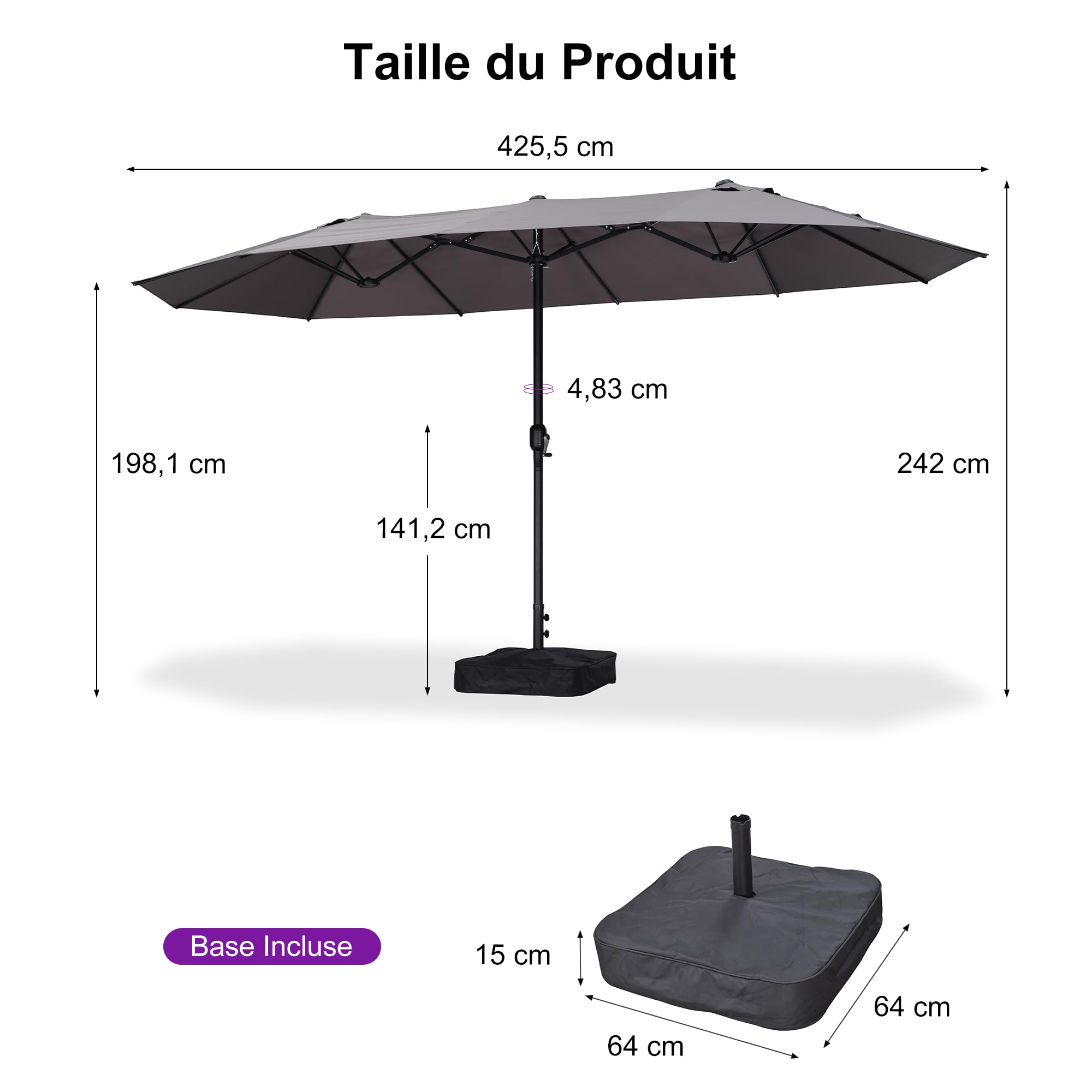 PURPLE LEAF Parasol de Jardin Extérieur avec Pied 4,25 x 2,45 x 2,4 m Gris
