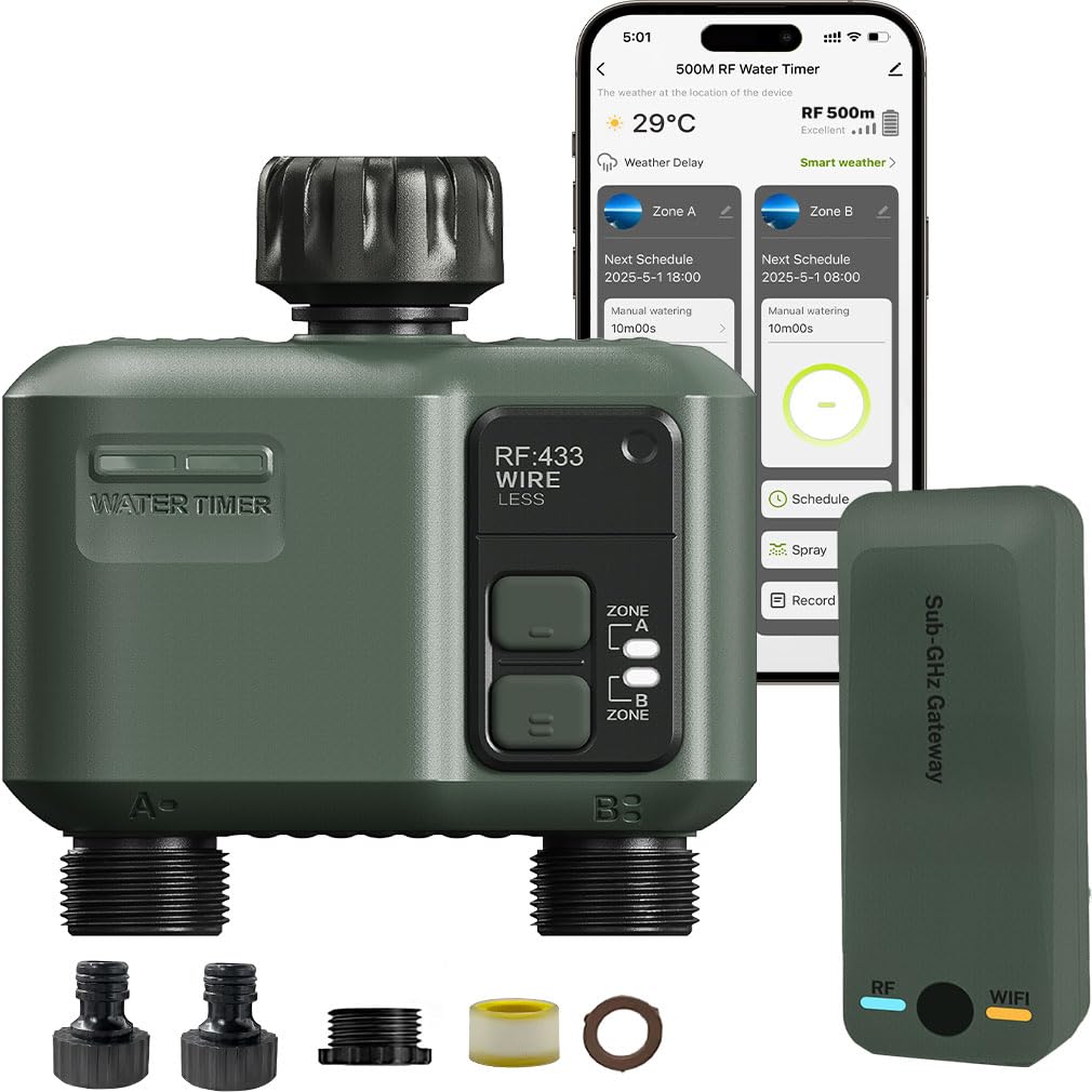 Centralina Irrigazione WiFi 2 uscite, tecnologia RF 433 da 500M Computer Giardino Timer Irrigazione,Timer Acqua Giardino Programmabile con Ritardo Pioggia, Modalità di Irrigazione Automatica e Manuale