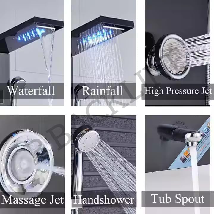 Image of Backline Stainless Steel 304 Shower Panel 6-in-1 Thermostatic LED Rainfall Shower System - Hot & Cold Water | Handheld Shower | Body Massage Jets | Waterfall Spout Bathroom Luxury Upgrade (Black)