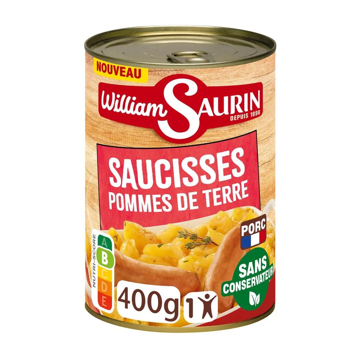 WILLIAM SAURIN – Saucisses Pommes de Terre et Jus aux Oignons, Plat Cuisiné Savoureux Gamme Rôtisserie (400g) - lot de 4 - Vendu par Lot