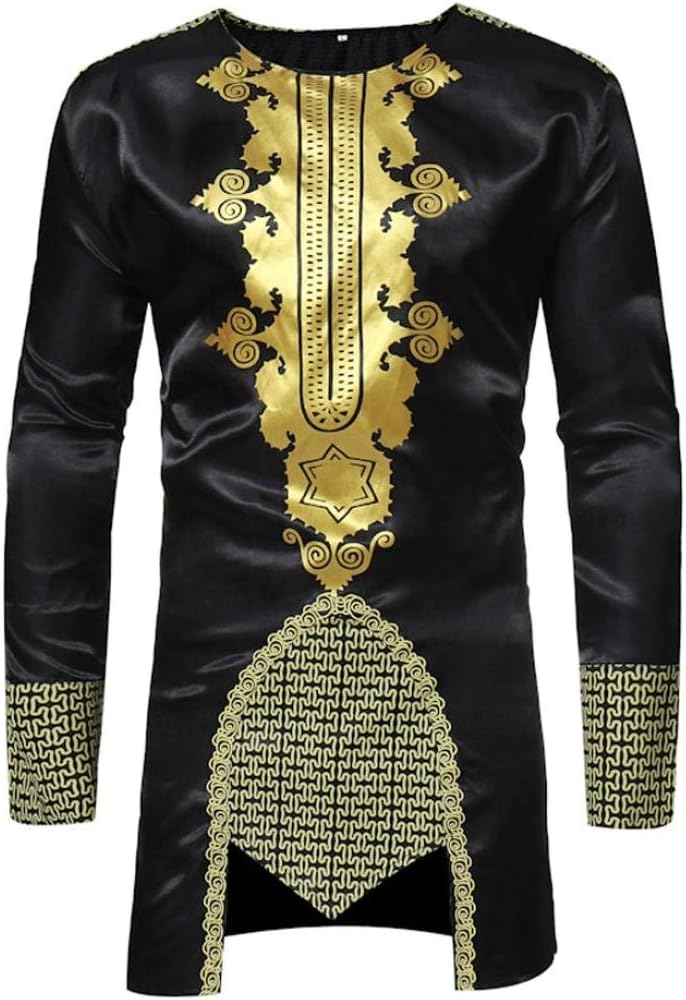 Amiley Mens African Shirt,Clearance!African Dashiki Mens Traditional Hot Gold Printed Long-Sleeved Shirt (Medium, Black)