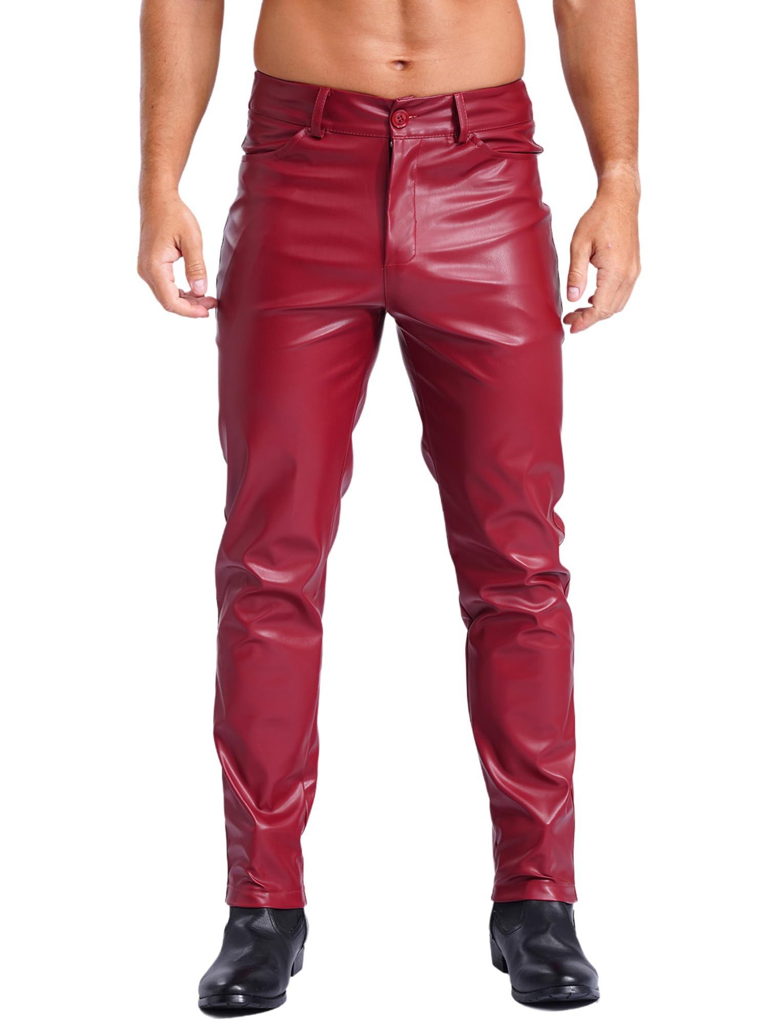 easyforever Men's Faux Leather Straight Leg Pants with Pockets Motorcycle Biker Tight Pants Red 3X-Large