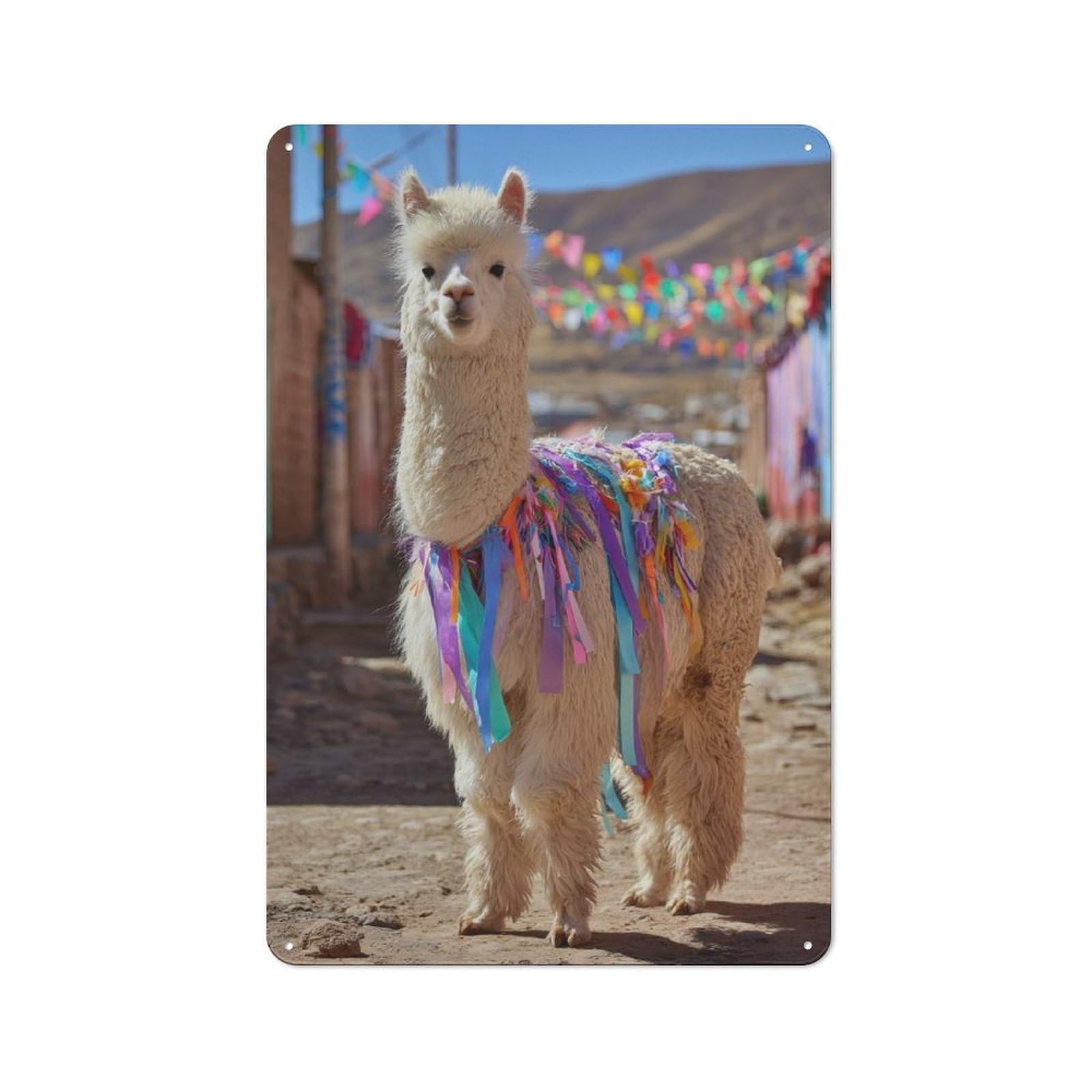 Junmoney Decorated Alpaca In A Colorful Village Vintage Metal Wall Decor 30X20cm, Garage Metal Sign For Workshop, Basement, Shed Or Games Room