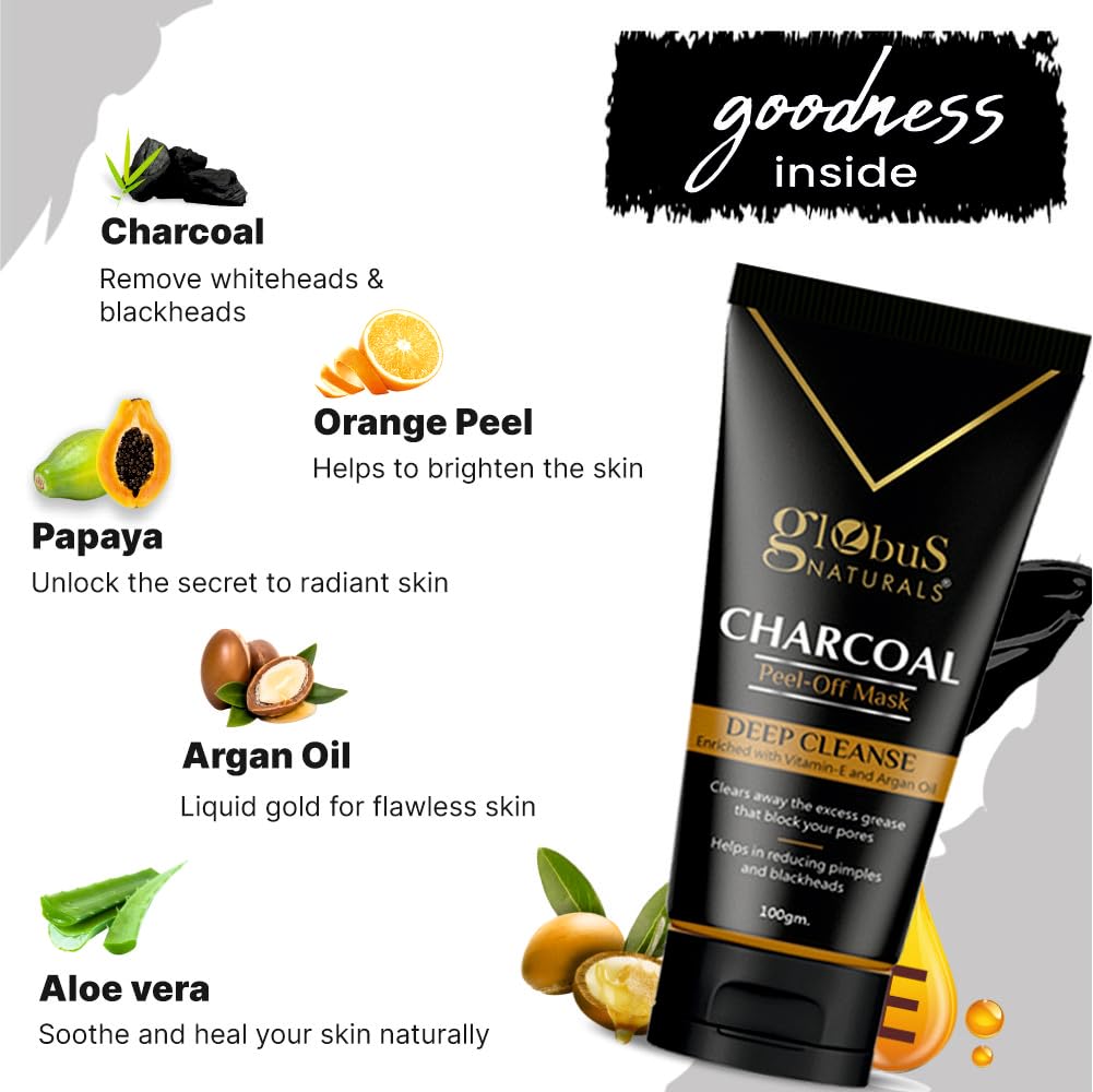 Globus Naturals Anti Pollution & Anti Acne Charcoal Peel Off Mask, Detoxifying Face mask, Fights Pollution and De-Tans skin, For Women & Men with Oily & Acne Prone Skin, 100 gms, Pack Of 2 2