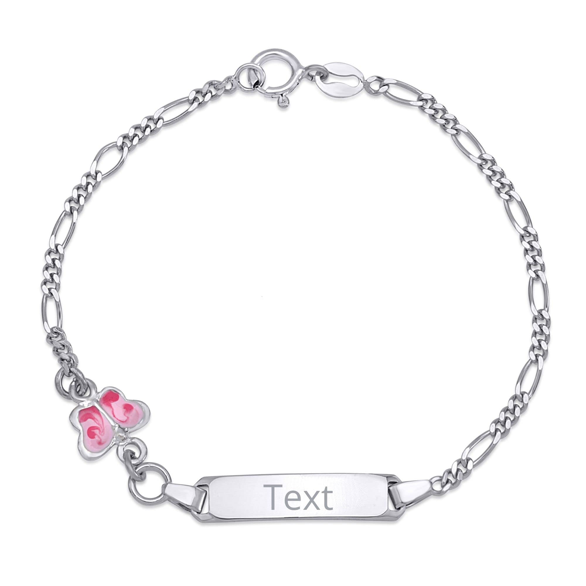 UNICORNJ 925 Italy Sterling Silver Child or Baby Name Bracelet Girls Boys, Personalized Engraved Kids ID Bracelets, 6.5" Figaro Chain, Enamel Charm Newborn Infant Toddler Kid Jewelry