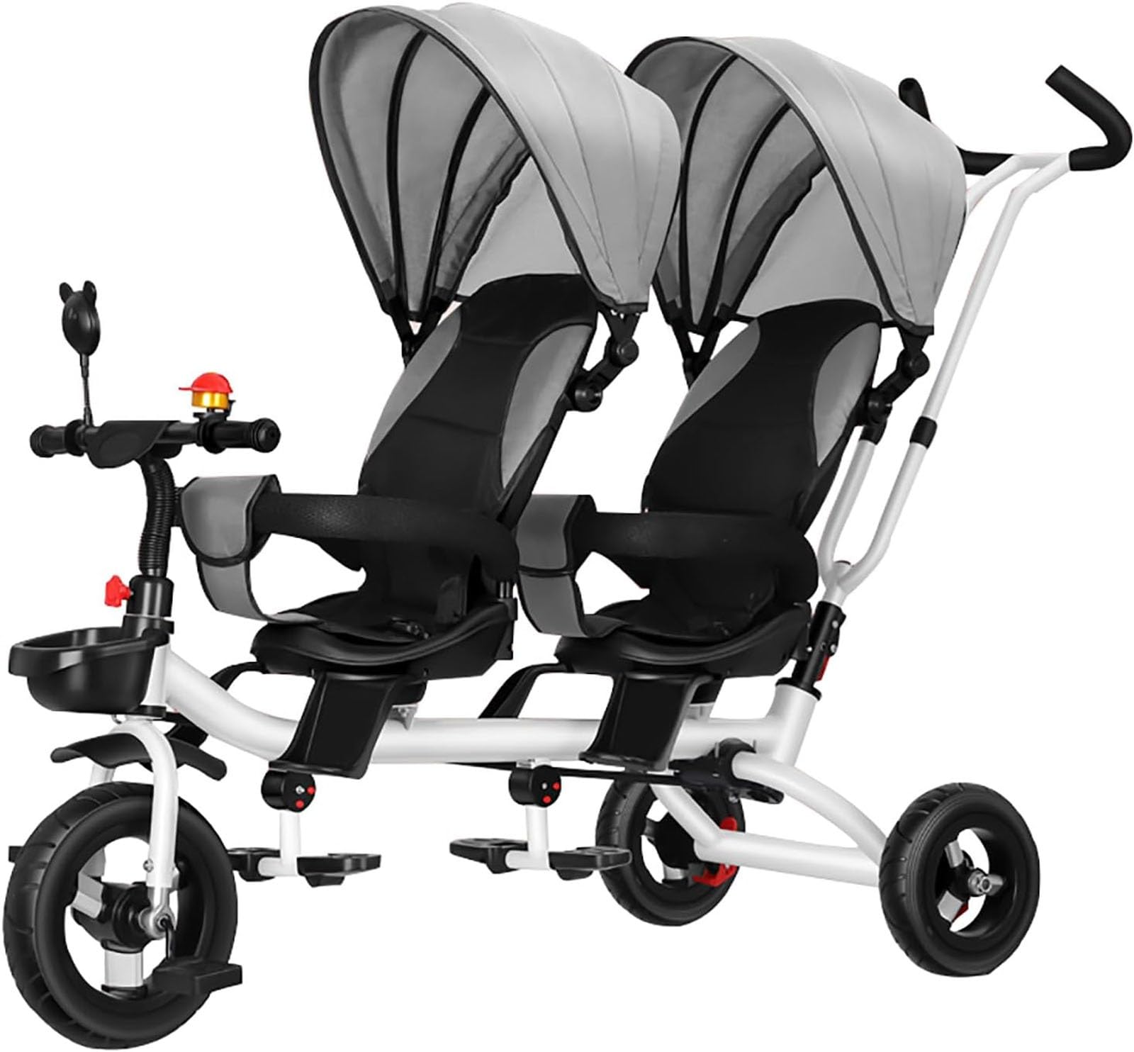 Triciclo Tándem para Niños con Asientos Dobles,Triciclo para Bebé Asa de Empuje Ajustable y Capota Retráctil, para Empujar sin Esfuerzo Cochecito Triciclo 7 en 1 para Niños Pequeños 1-5 A(Gray)